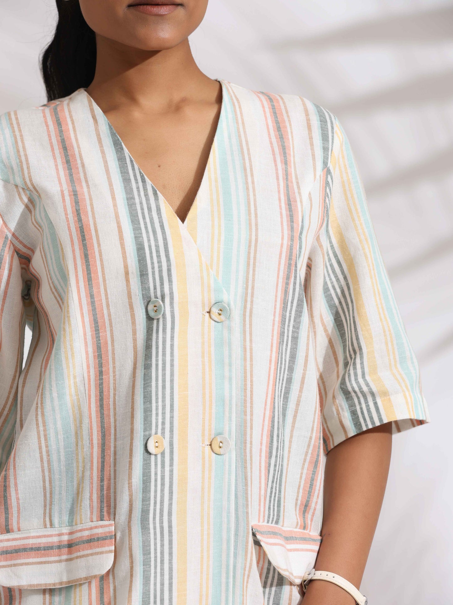trueBrowns Off-White Cotton Stripe Jacket Top Co-ord Set - Swadesiicart