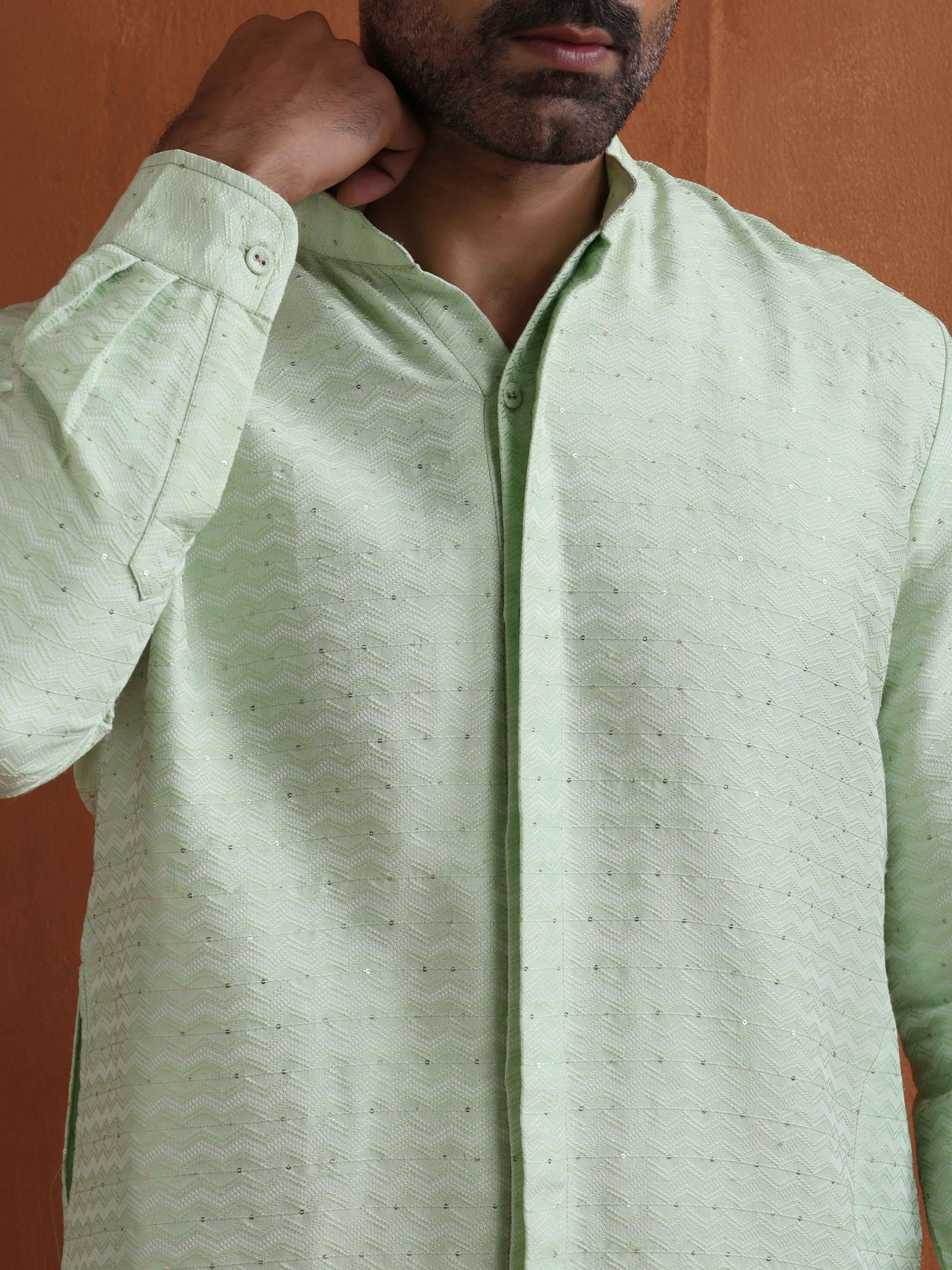 trueBrowns Men's Green Sequin Chanderi Kurta | Swadesiicart