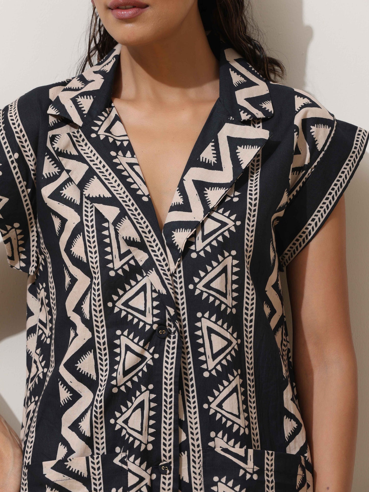 trueBrowns Beige Cotton Geometric Print Jacket Co-ord Set - Swadesiicart