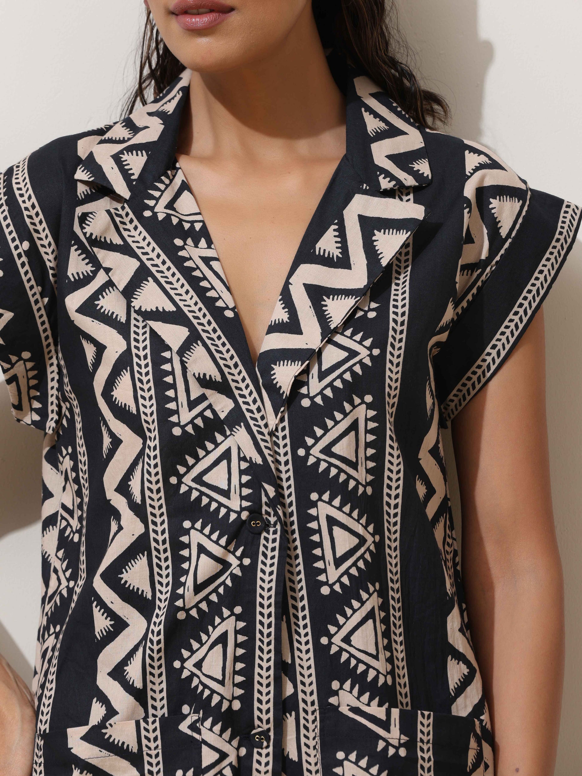 trueBrowns Beige Cotton Geometric Print Jacket Co-ord Set - Swadesiicart
