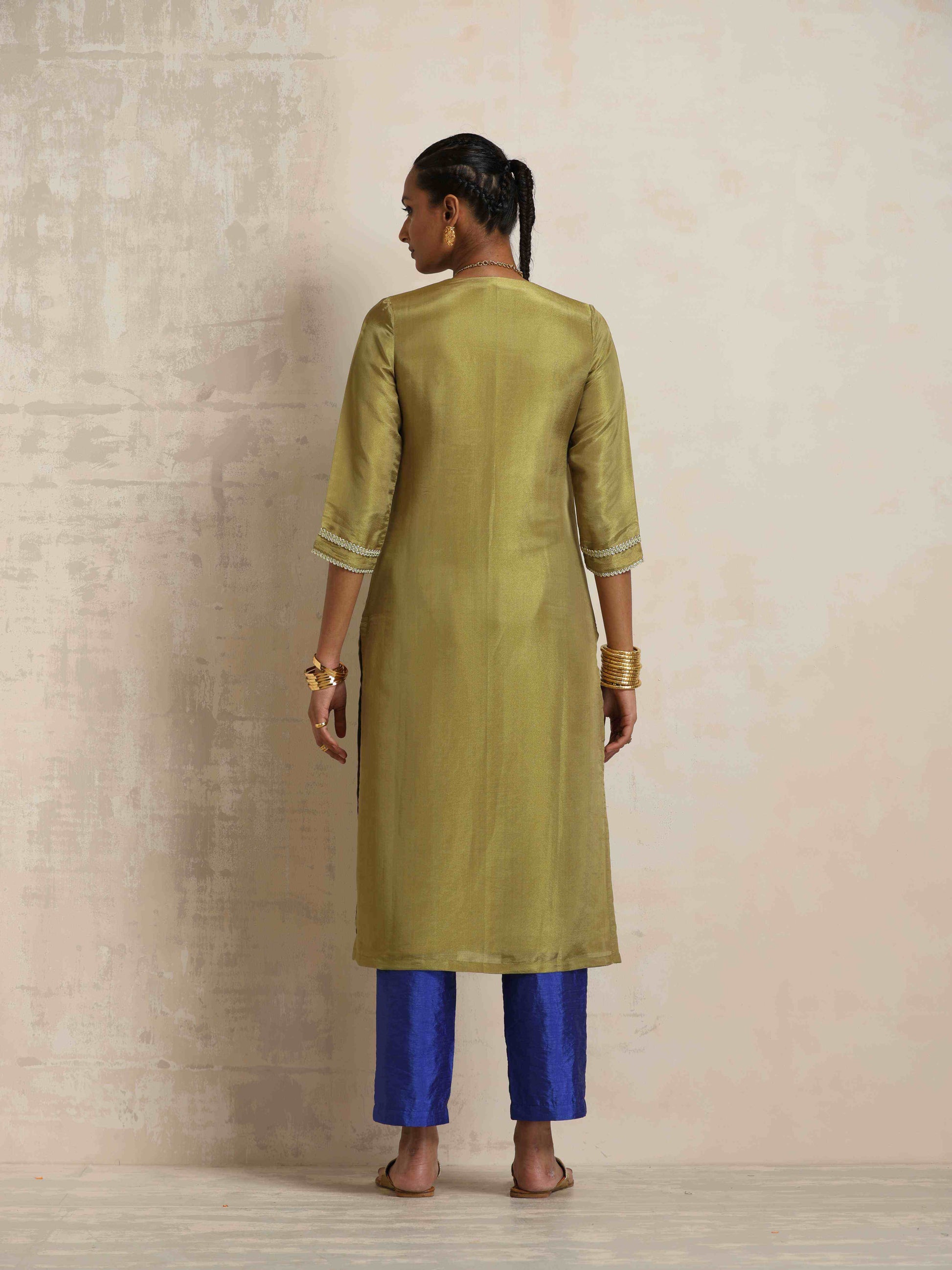 trueBrowns Green Tissue Straight Kurta Set | Swadesiicart