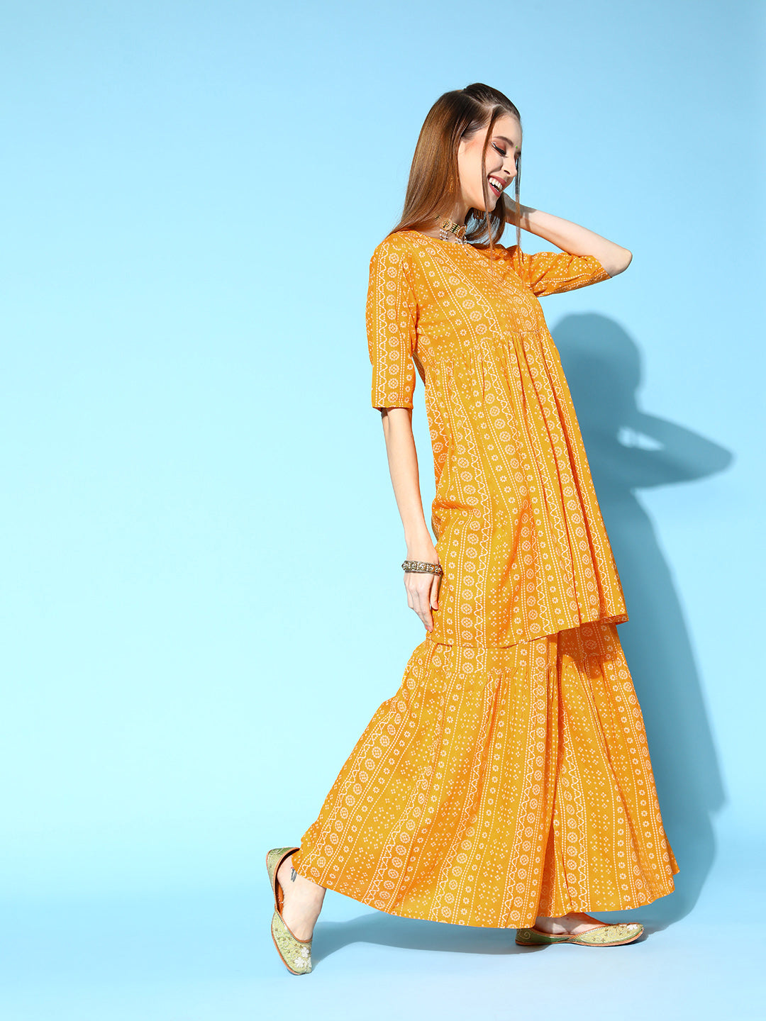 InWeave Women's Yellow Bandhani Sharara Set With Dupatta - Swadesiicart
