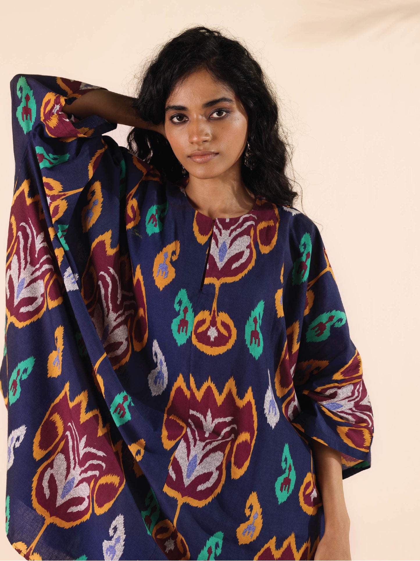 trueBrowns Purple Cotton Ikat Kaftan Co-ord Set - Swadesiicart
