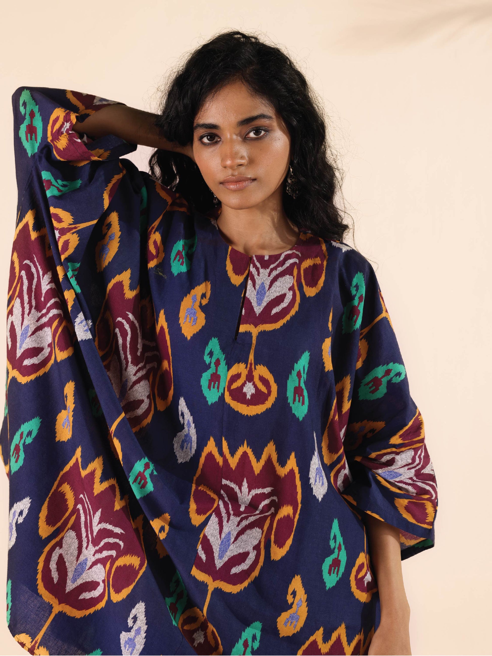 trueBrowns Purple Cotton Ikat Kaftan Co-ord Set - Swadesiicart