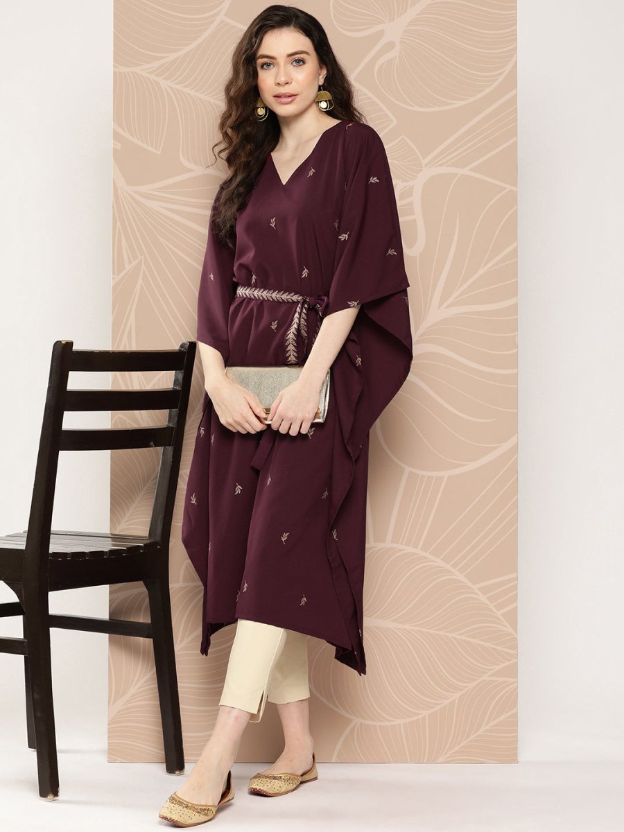 Ahalyaa Women Floral Printed Flared Sleeves Belted Detail Crepe Kaftan Kurta | Swadesiicart