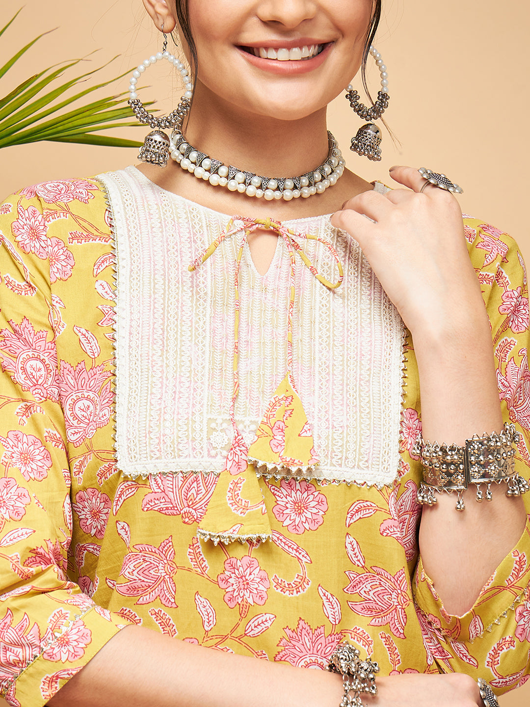 InWeave Women's Lime Pink Print Patch Cotton Straight Kurta Pant Set - Swadesiicart