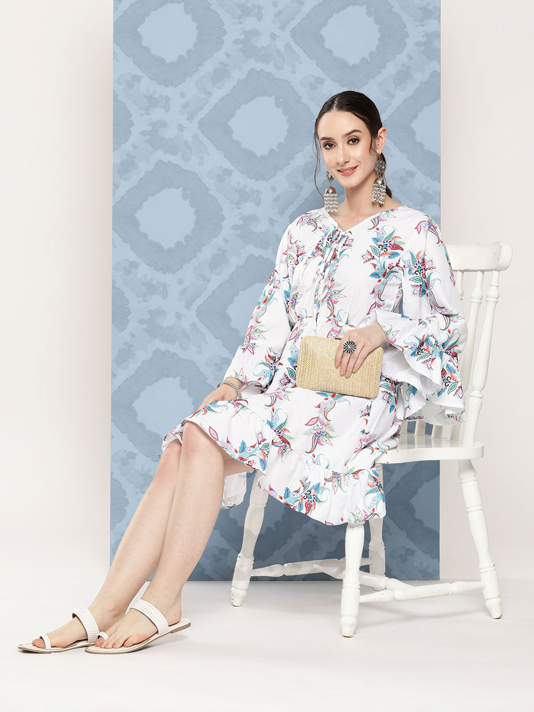 InWeave Women's White Floral Paisley Print Short Dress - Swadesiicart