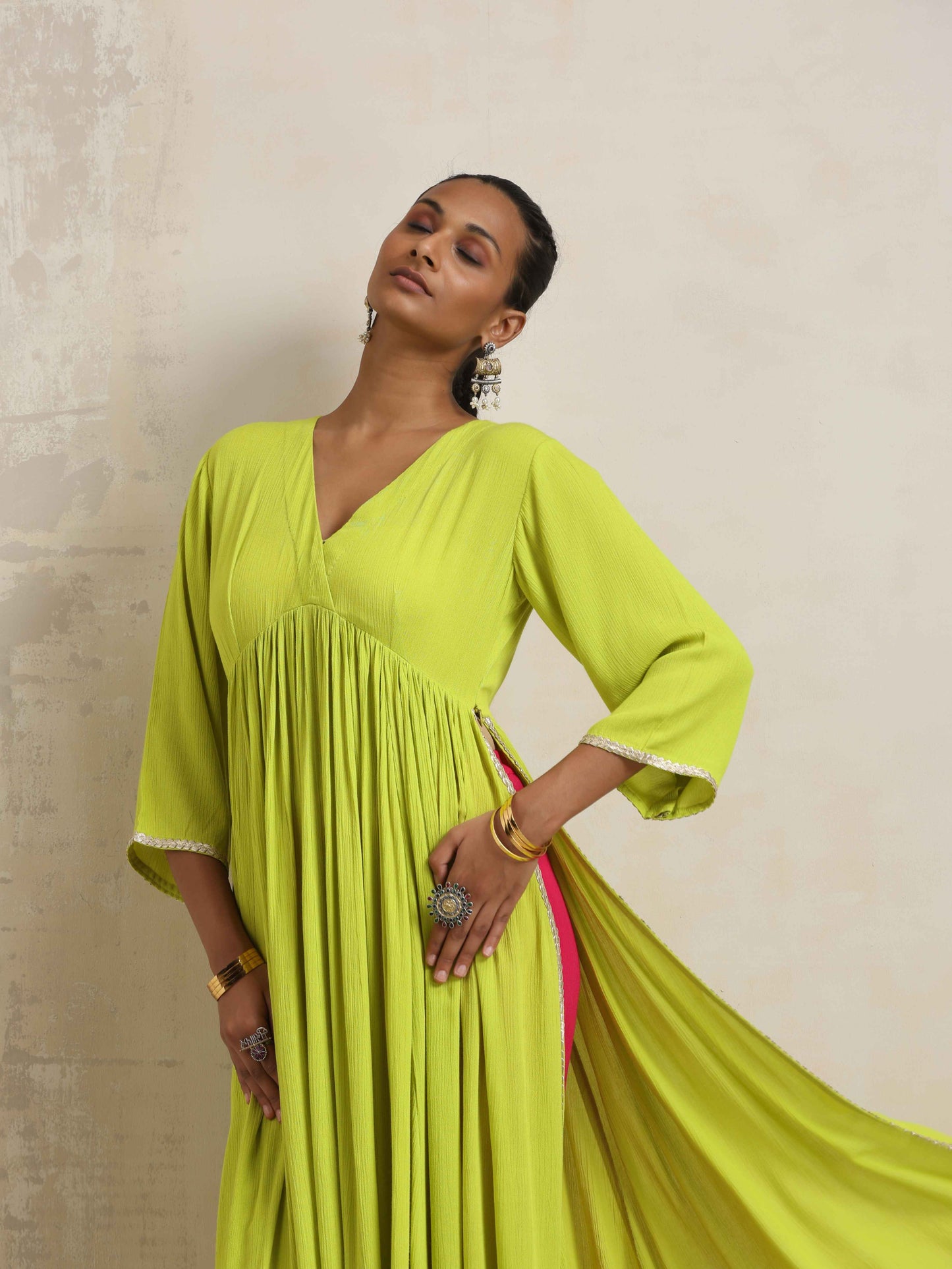 trueBrowns Lime Crinkle Anarkali Flared Kurta Set | Swadesiicart