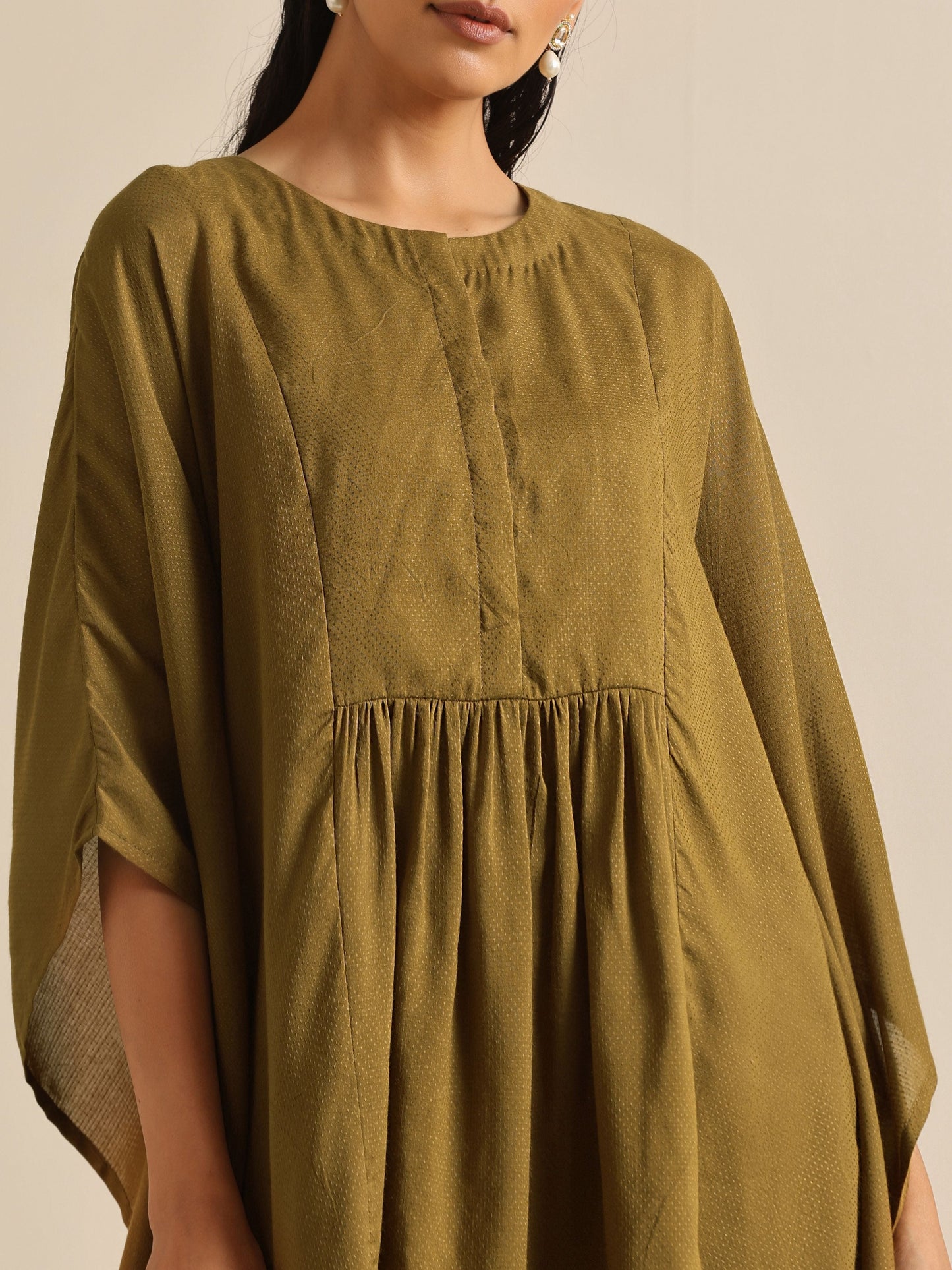 trueBrowns Olive Green Texture Doddy Kaftan Gathered Co-Ord Set - Swadesiicart