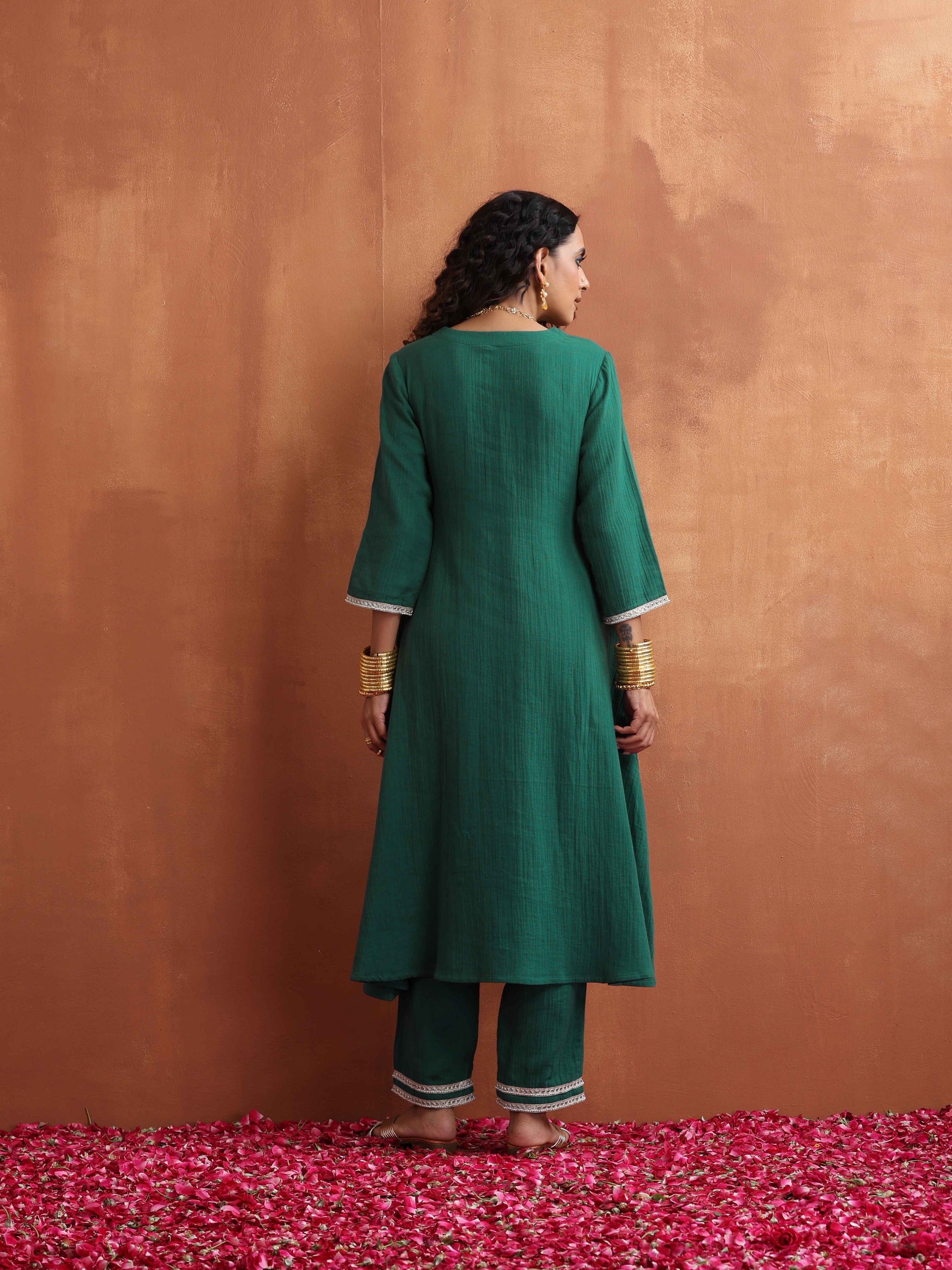 trueBrowns Green Cotton A-line Kurta Set | Swadesiicart