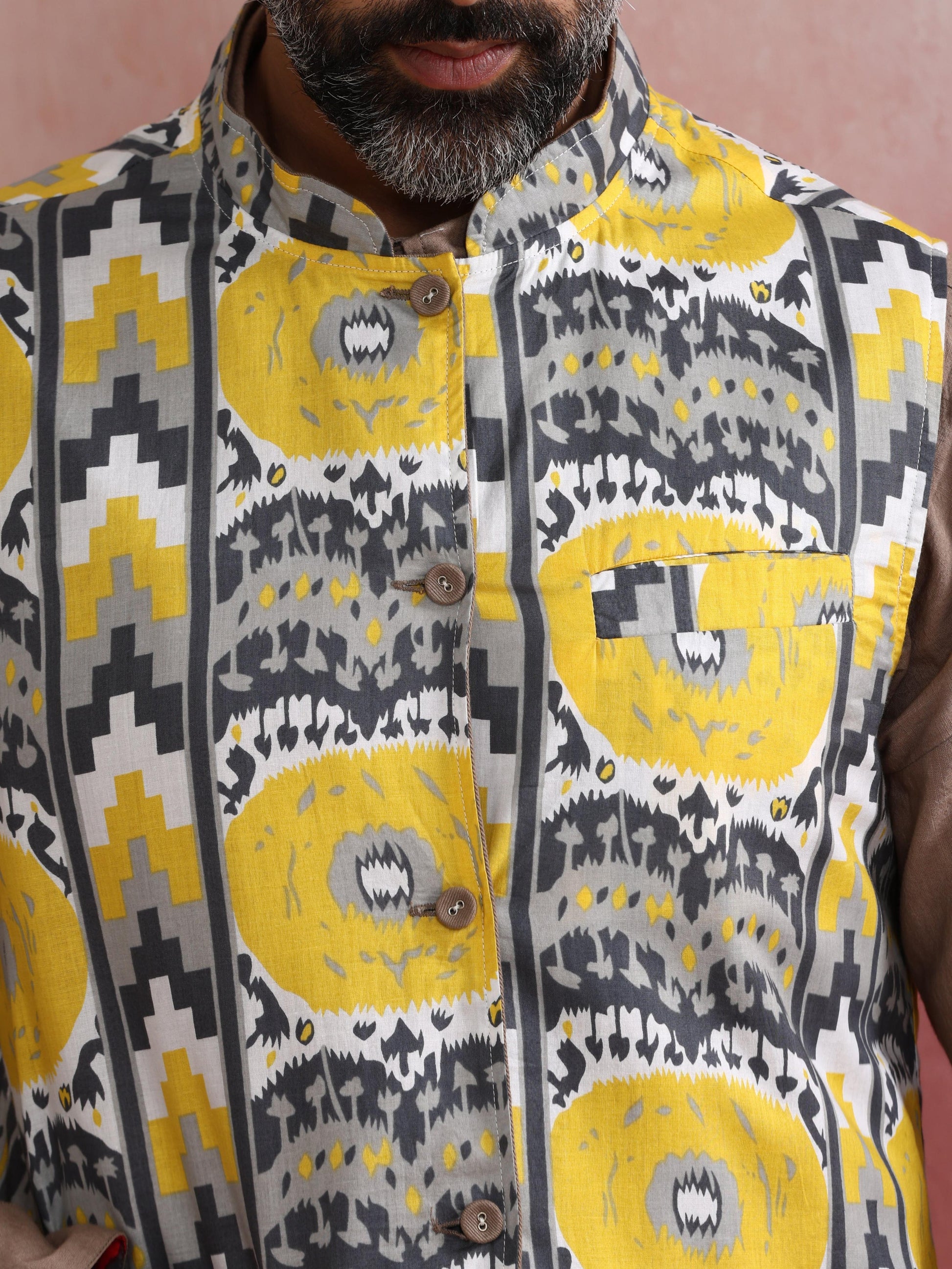 trueBrowns Men's Grey Ikat Print Cotton Reversible Nehru Jacket | Swadesiicart