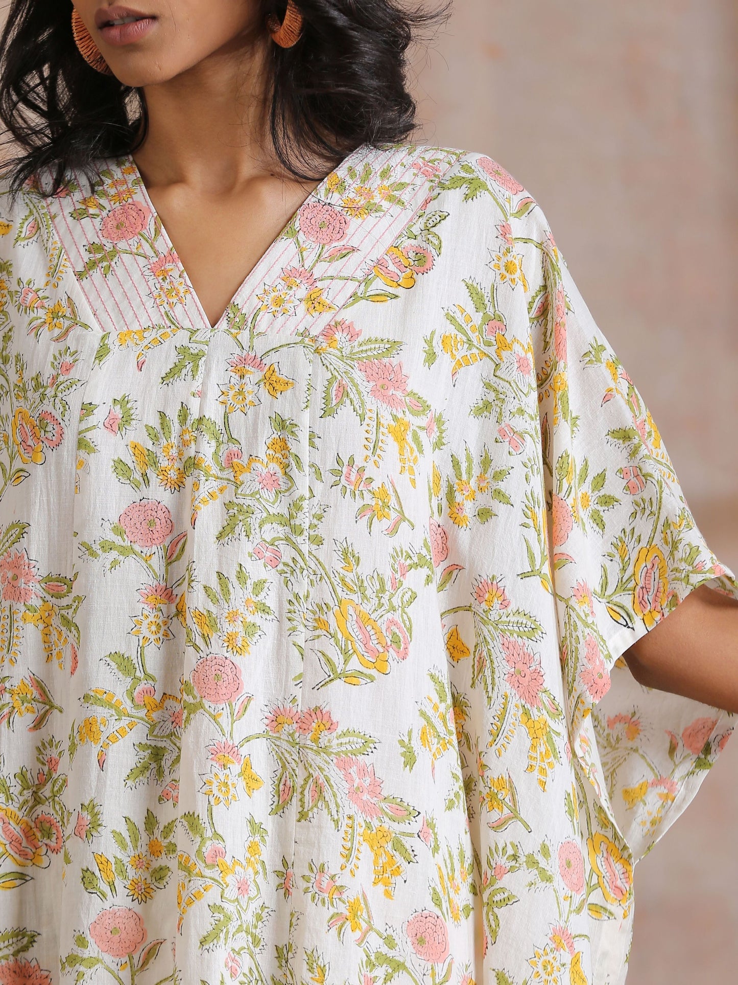 trueBrowns Pink Yellow Floral On White Block Print Cotton Panel Kaftan Kurta Pant Set | Swadesiicart