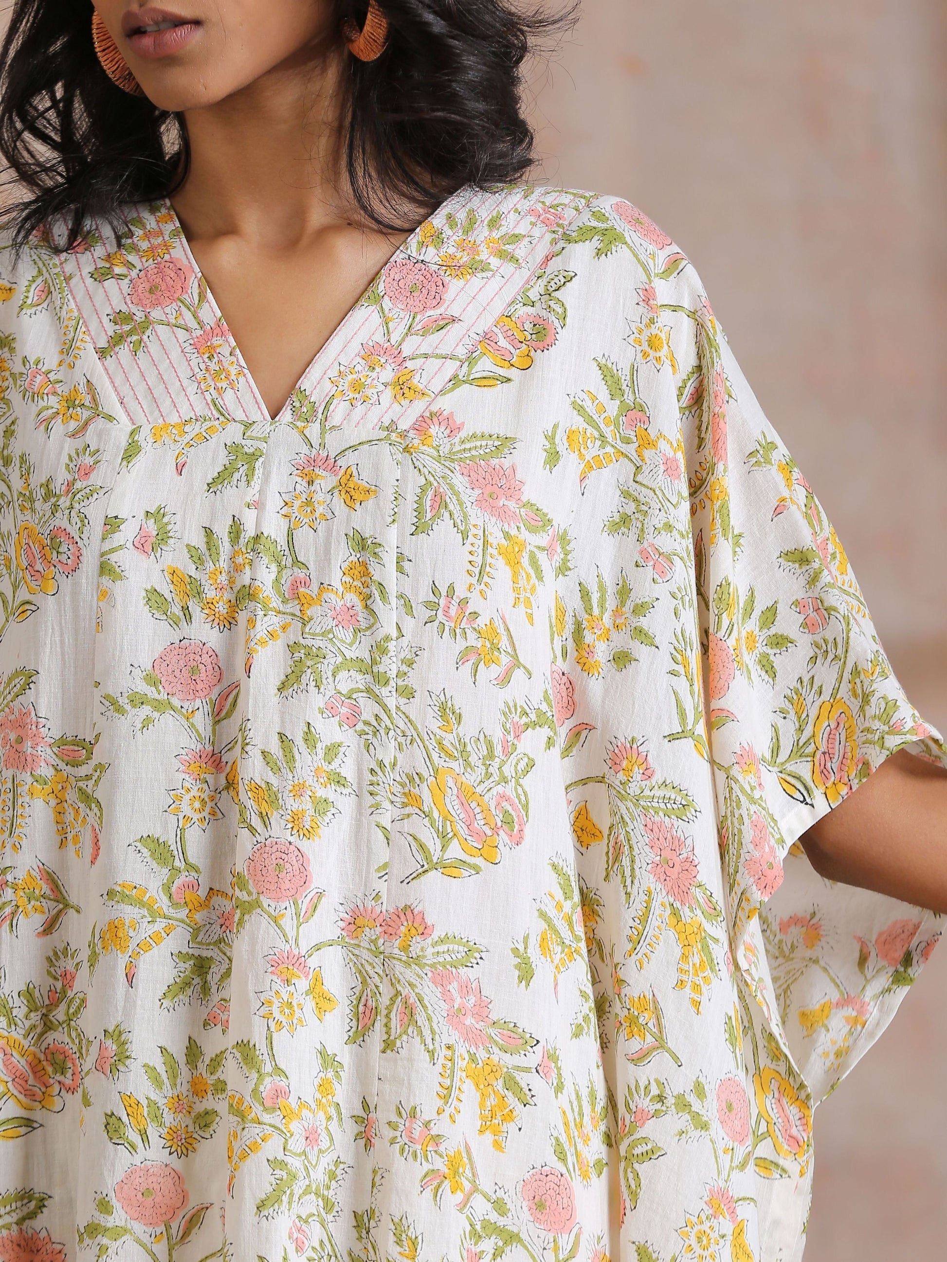 trueBrowns Pink Yellow Floral On White Block Print Cotton Panel Kaftan Kurta Pant Set | Swadesiicart