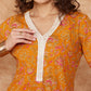 InWeave Women's Fire Yellow Print V Neck Lace Work Straight Kurta - Swadesiicart