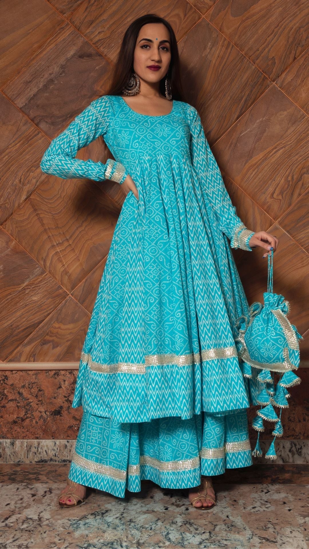 Pomcha Jaipur Neelkari Blue Cotton Anarkali Set | Swadesiicart