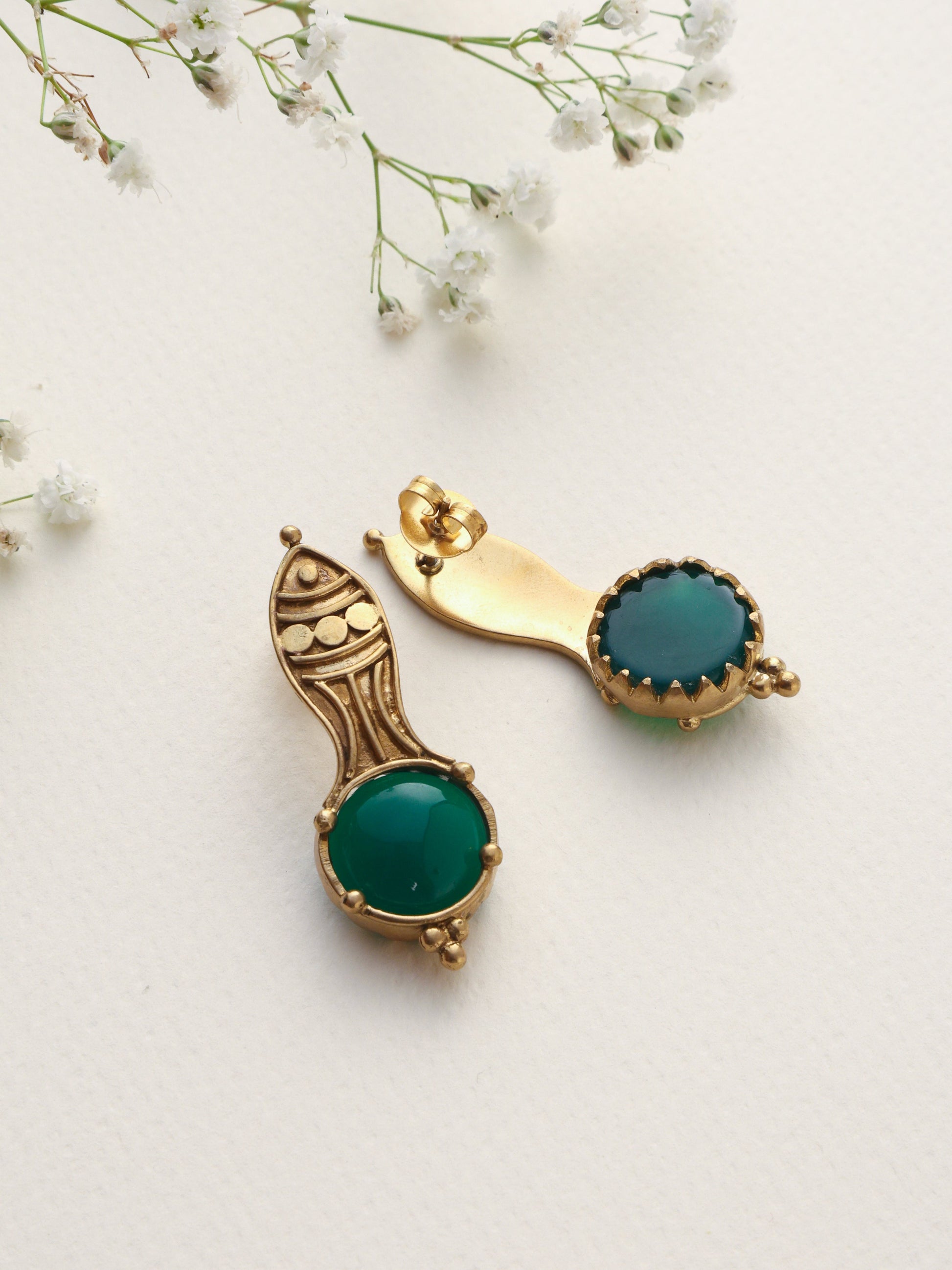 trueBrowns Brass Green Stone Abstarct Earrings - Swadesiicart