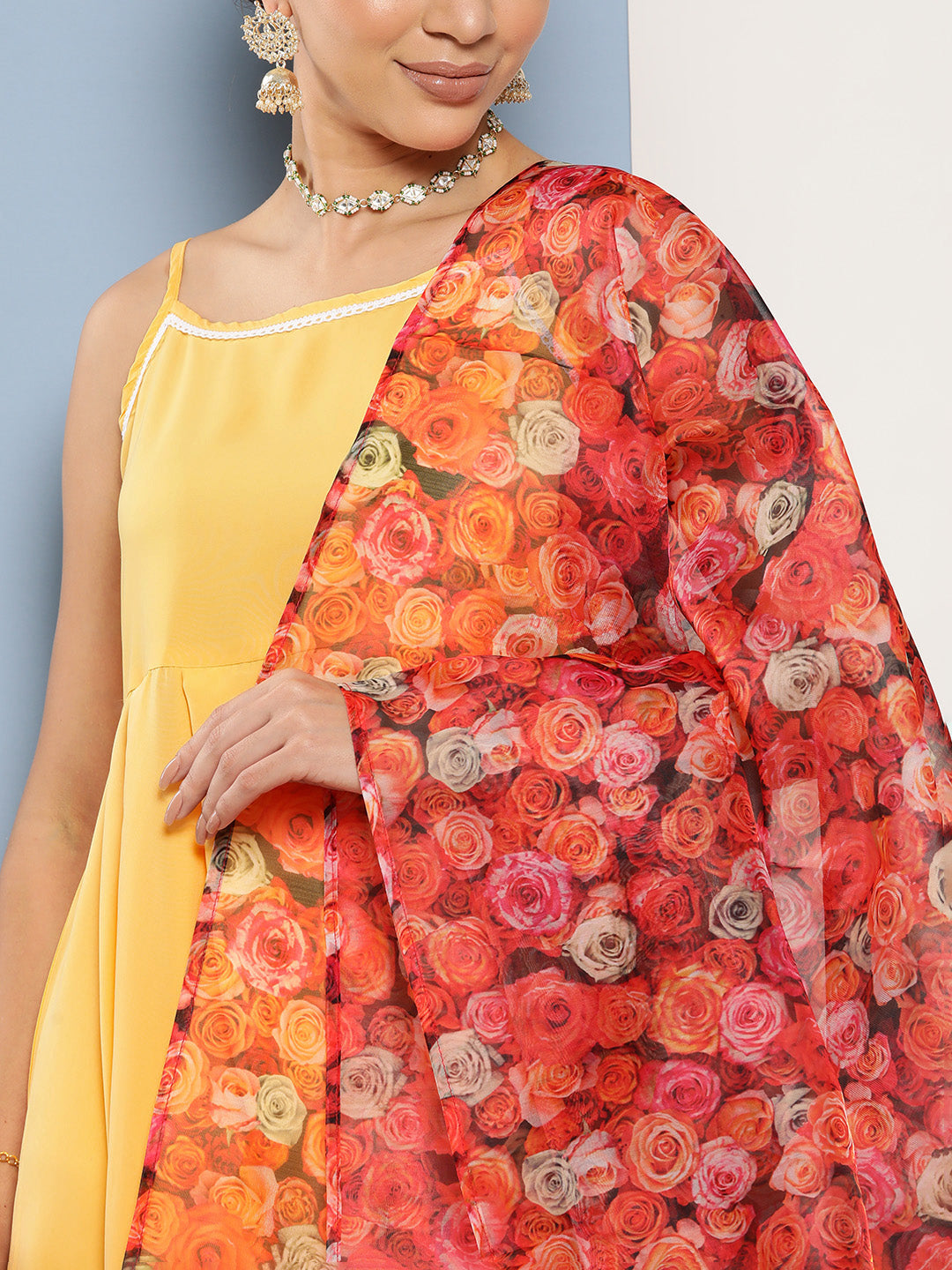 InWeave Women's Cassatta Yellow Cr Strappy Set With Rose Print Dupatta - Swadesiicart