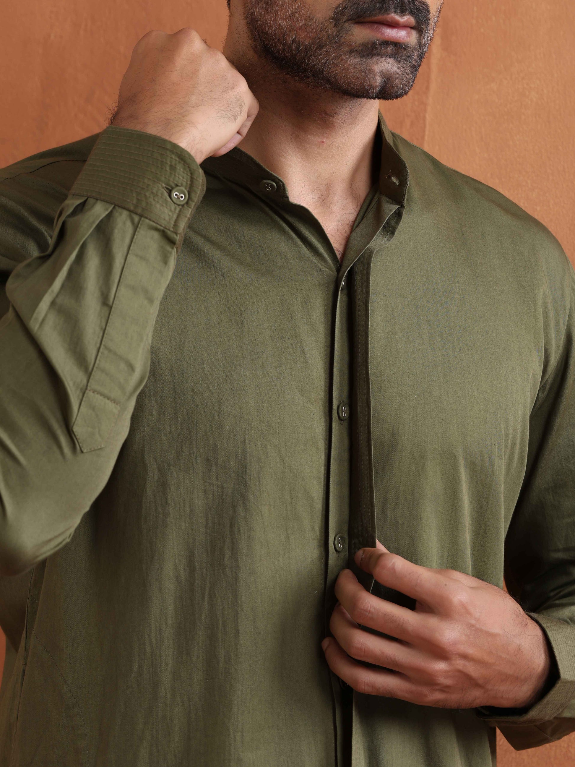 trueBrowns Men's Olive Green Cotton Front Open Kurta | Swadesiicart