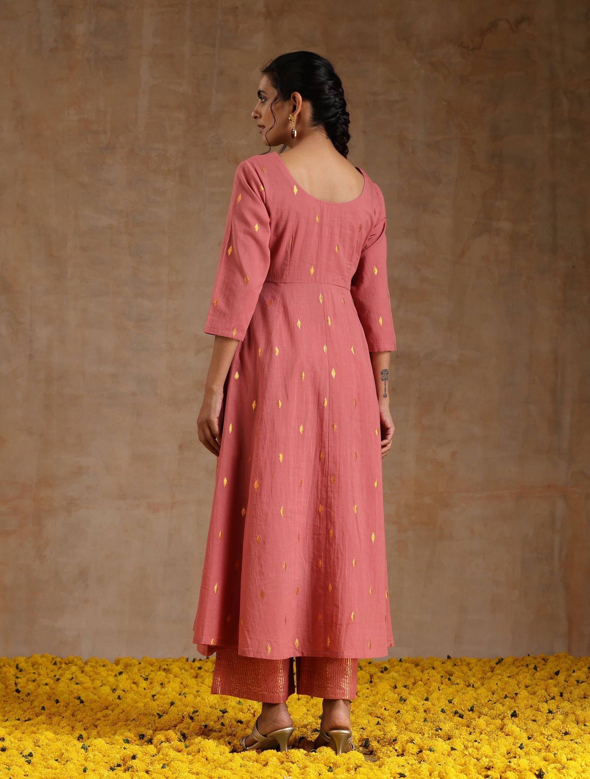 trueBrowns Blush Gold Cotton Anarkali Set | Swadesiicart