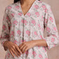 trueBrowns Pink Green Buta On White Block Print Cotton Slit Kurta Pant Set | Swadesiicart