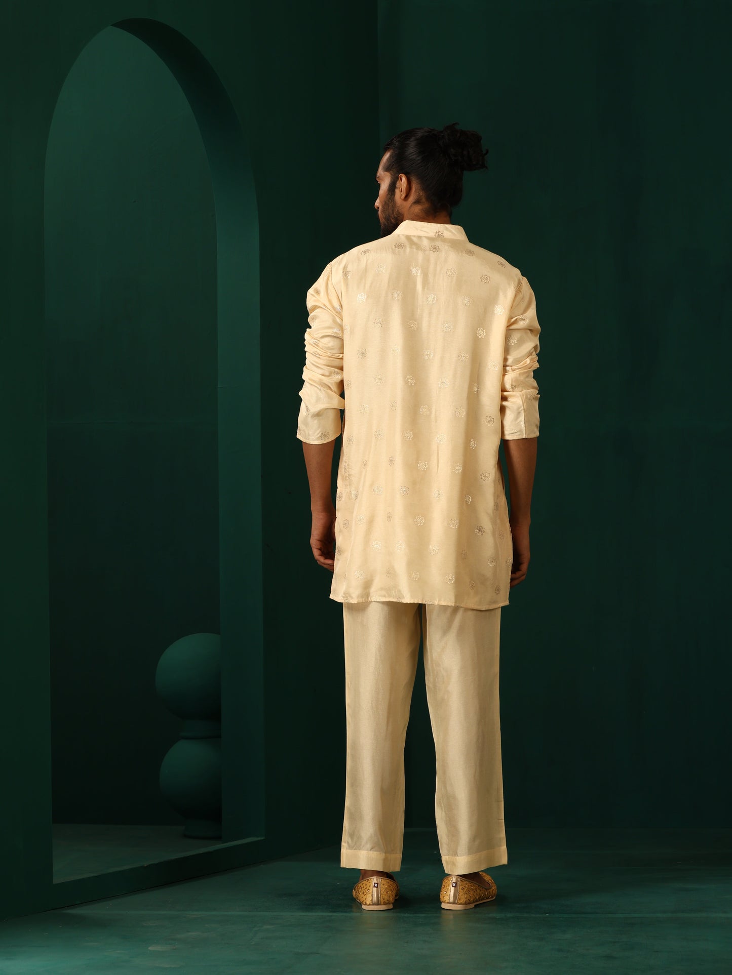 trueBrowns Men's Ivory Geometric Floral Viscose Silk Co-ord Set - Swadesiicart