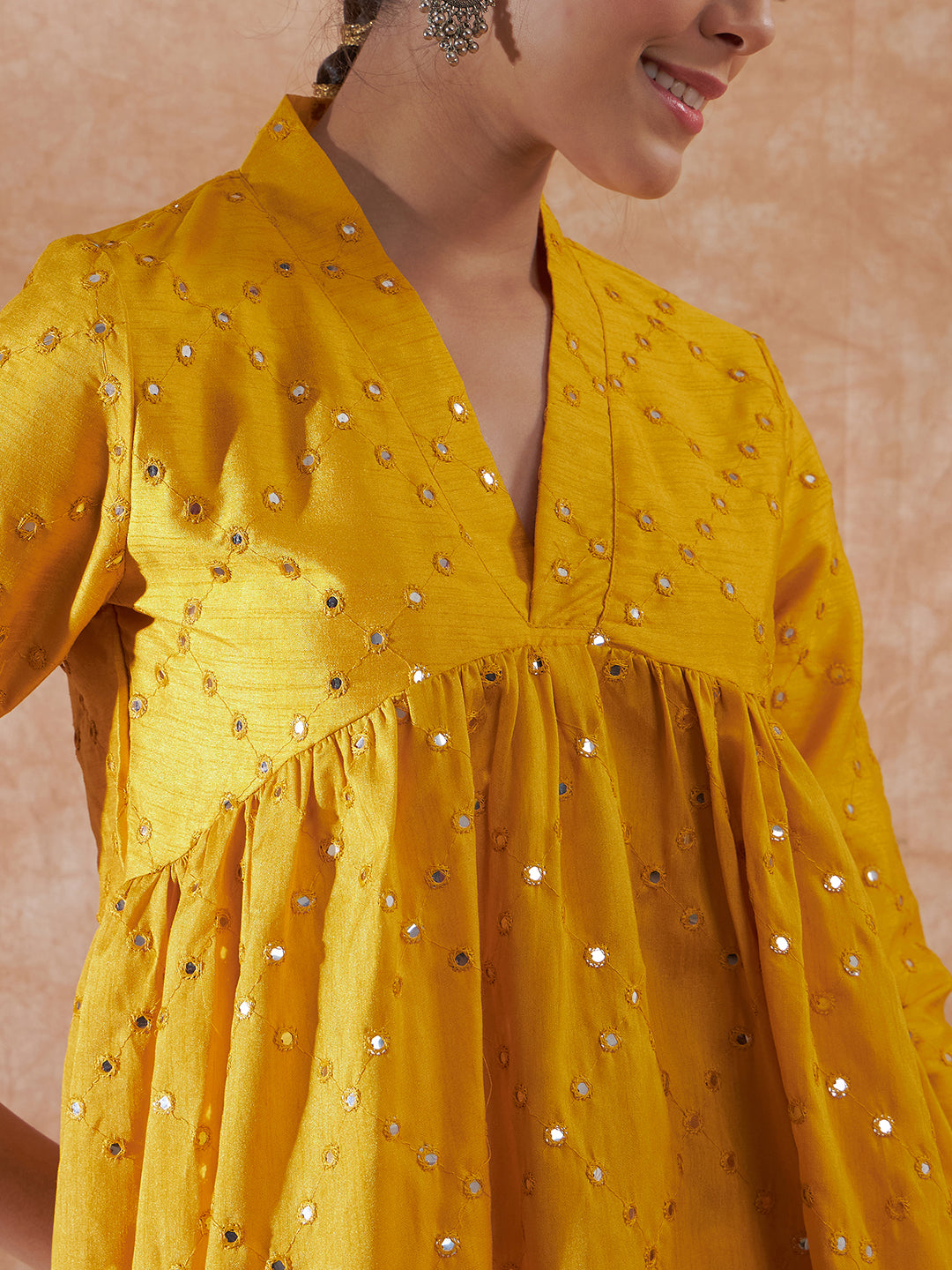 InWeave Women's Mustard Mirror Work Flared Kurta - Swadesiicart