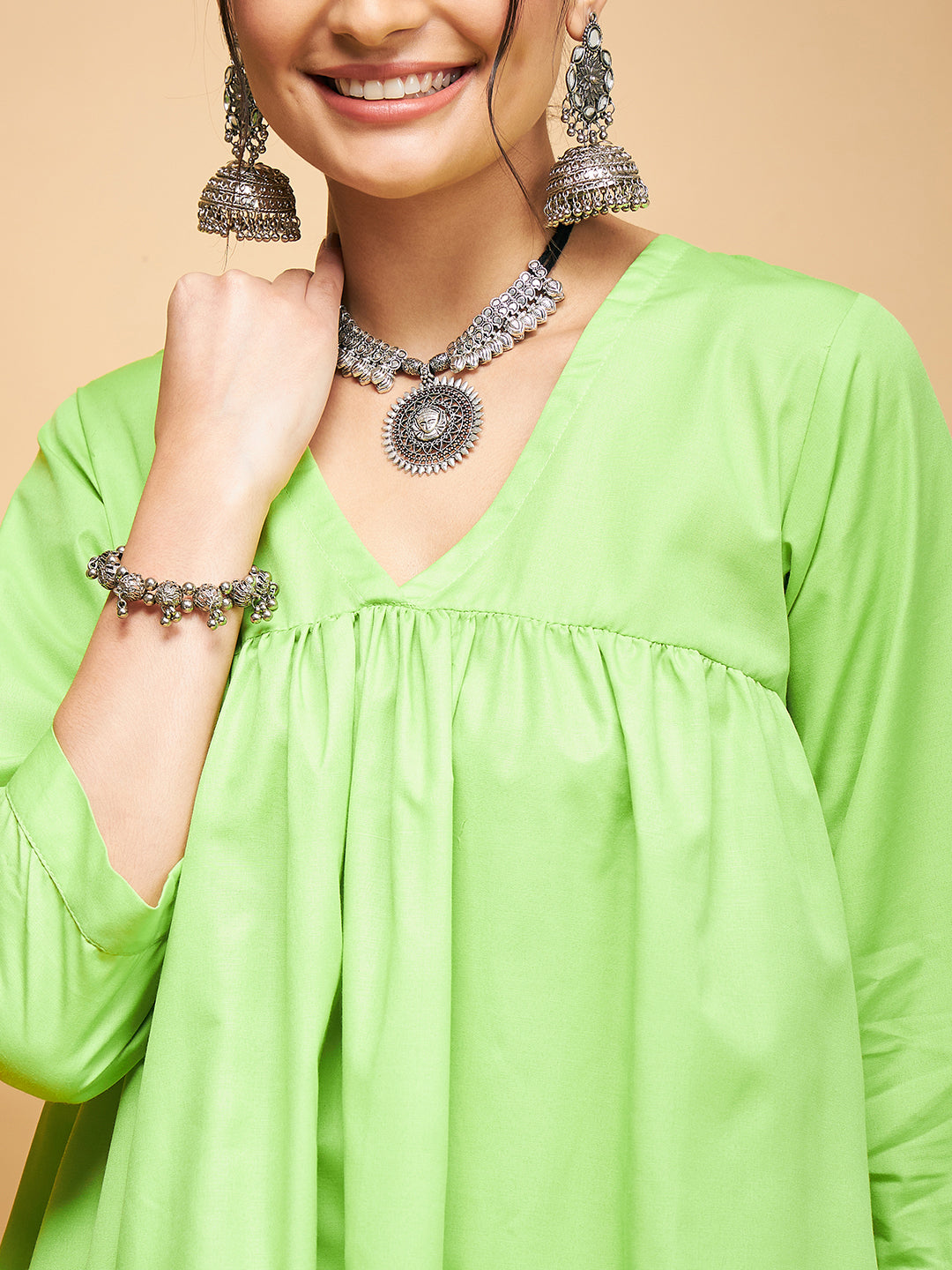 InWeave Women's Lime Green Flared Kurta Palazzo Set - Swadesiicart
