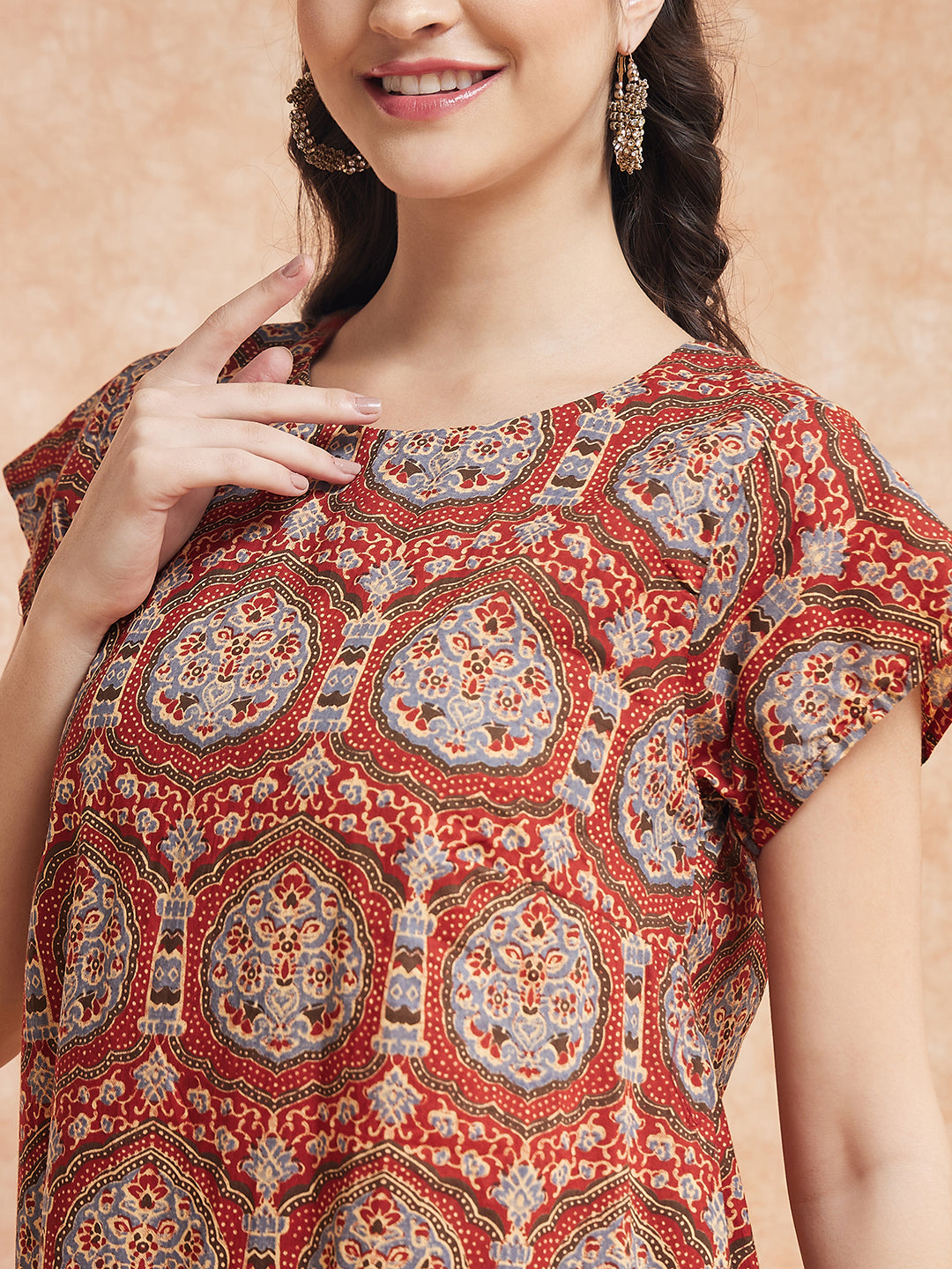 InWeave Women's Maroon Mughal Kalamkari A Line Dress - Swadesiicart