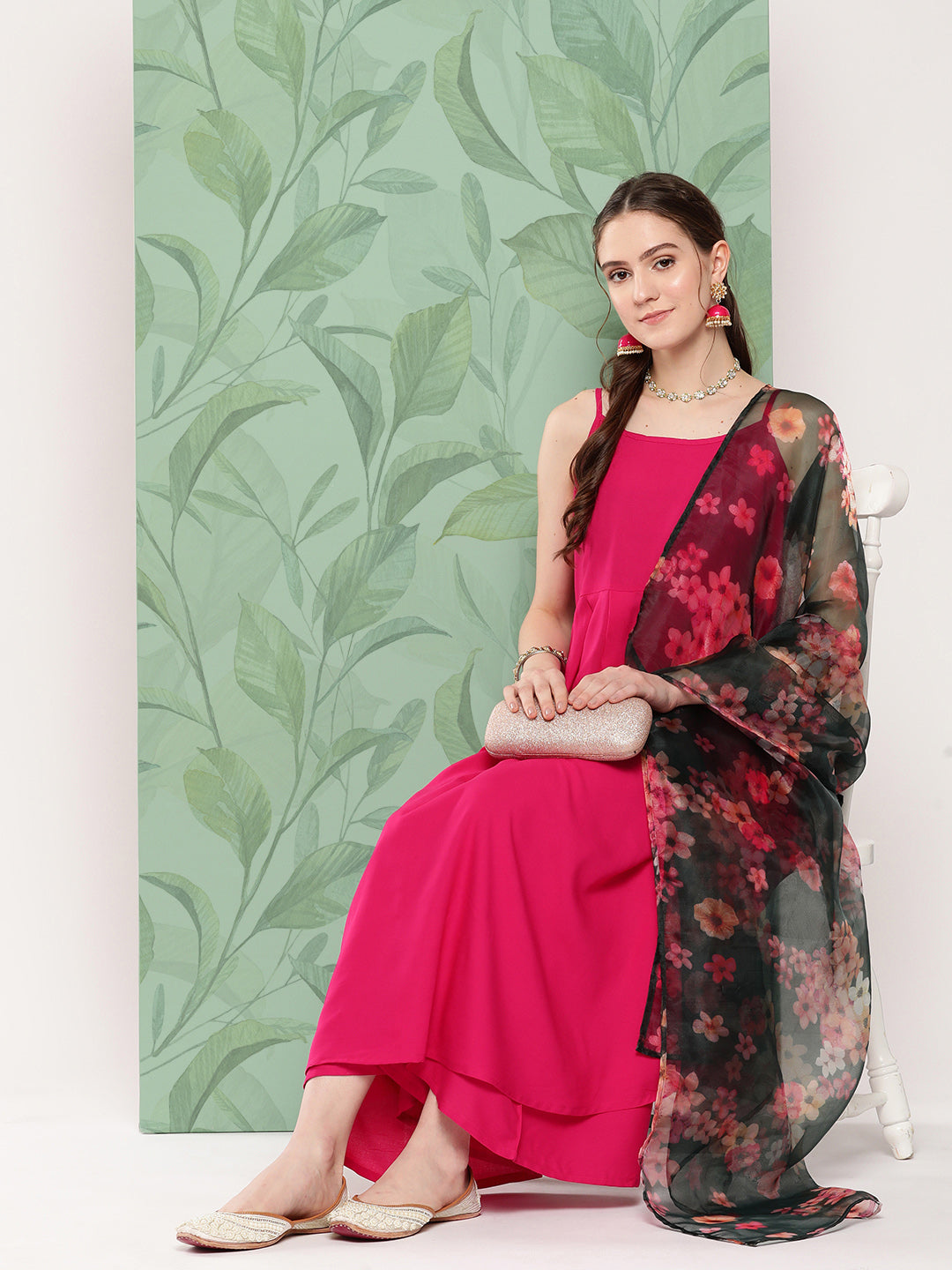 InWeave Women's Fuchsia Strappy Set W Dark Green Camelia Or Dupatta - Swadesiicart