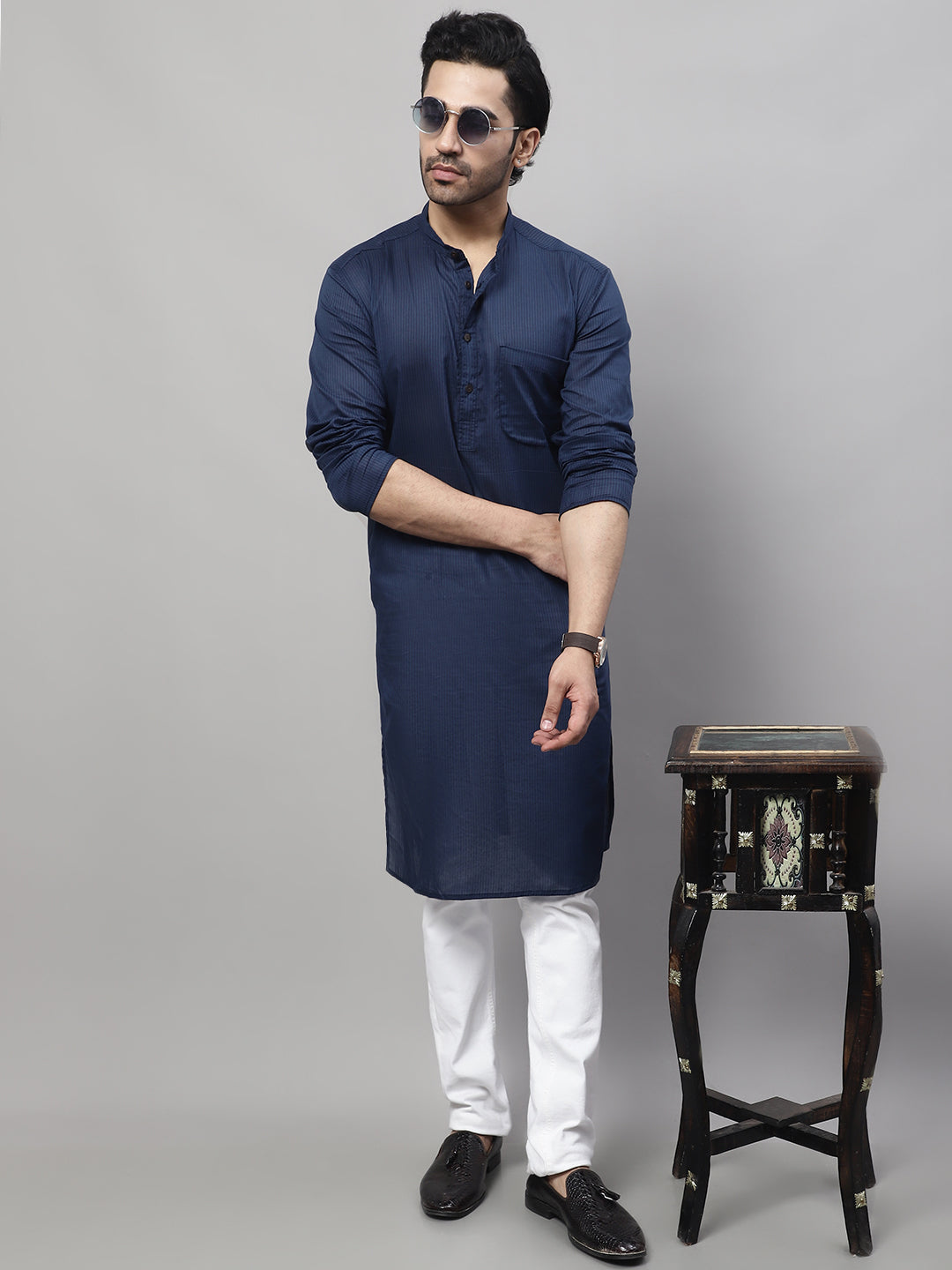 Even Apparels Blue Pure Cotton Kurta With Band Collar | Swadesiicart
