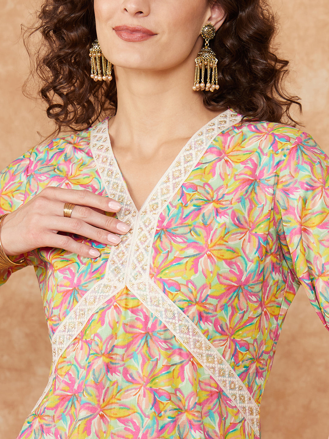 InWeave Women's Multi Floral Painted Alia Lace Work Straight Kurta - Swadesiicart
