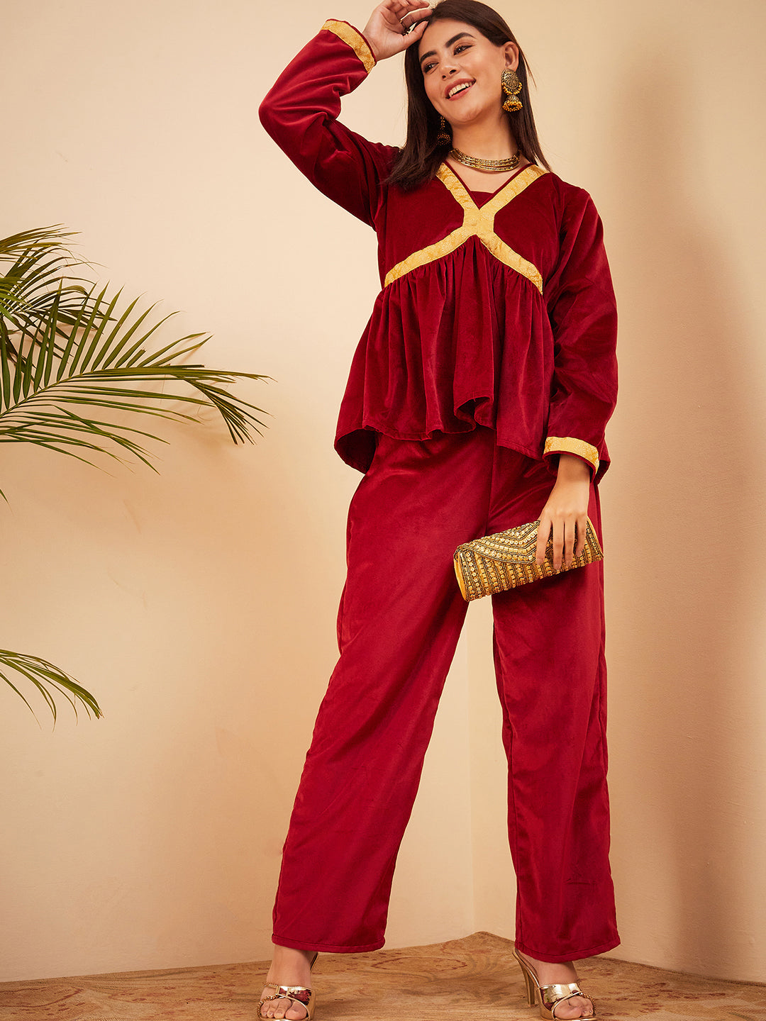 InWeave Women's Barn Red Mughal Shaan Style Velvet Short Kurta Set - Swadesiicart