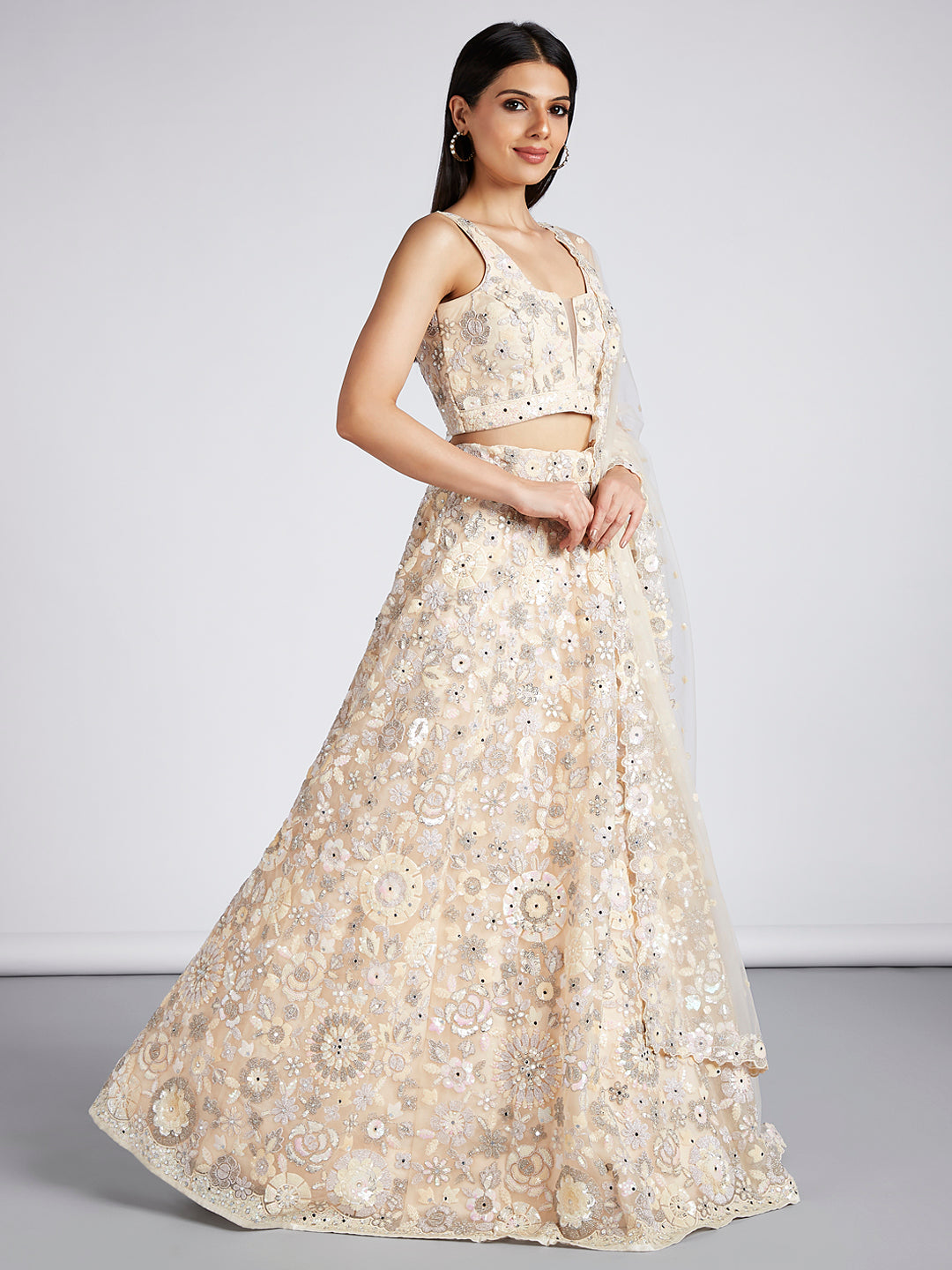 House of Panchhi Cream Net Sequins, Mirror And Thread Embroidery Lehenga Choli & Dupatta | Swadesiicart