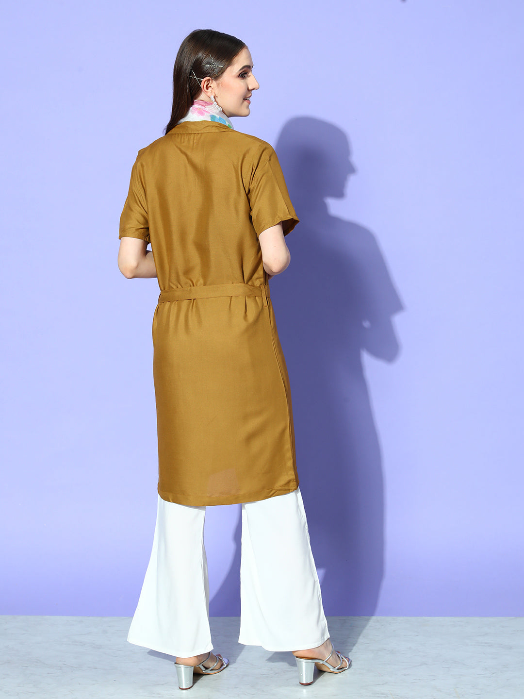 InWeave Women's Camel Brown Cream Pant Coord Set With White Butterfly Scarf - Swadesiicart