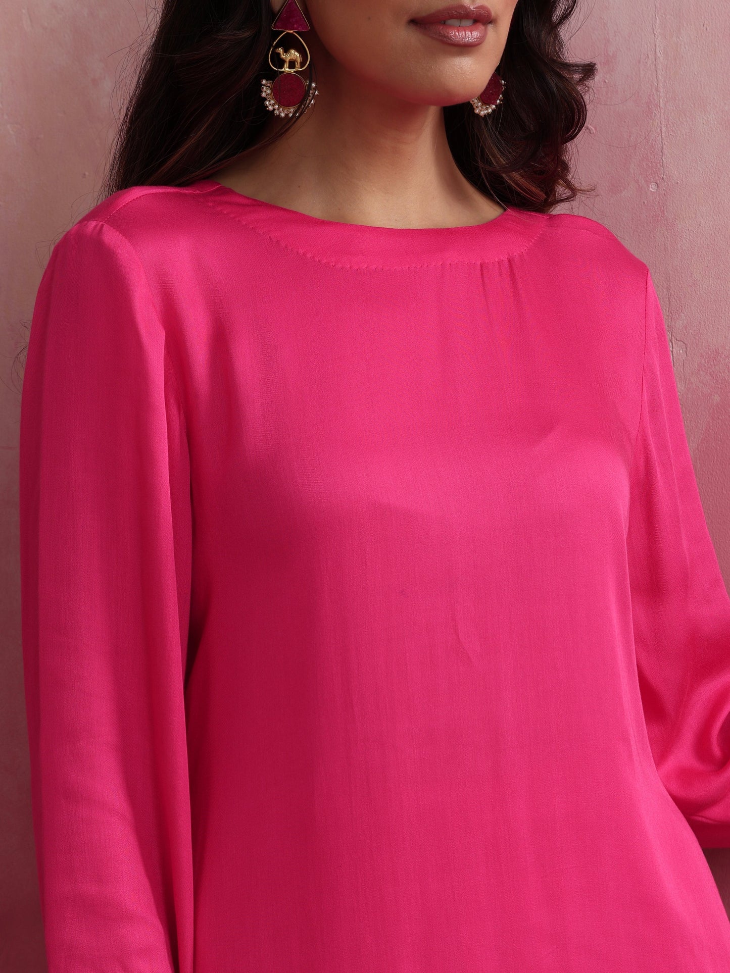 trueBrowns Pink Modal Round Neck Kurta Co-ord Set - Swadesiicart