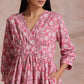 trueBrowns Pink Overall Floral Block Print Cotton Wrap Dress | Swadesiicart