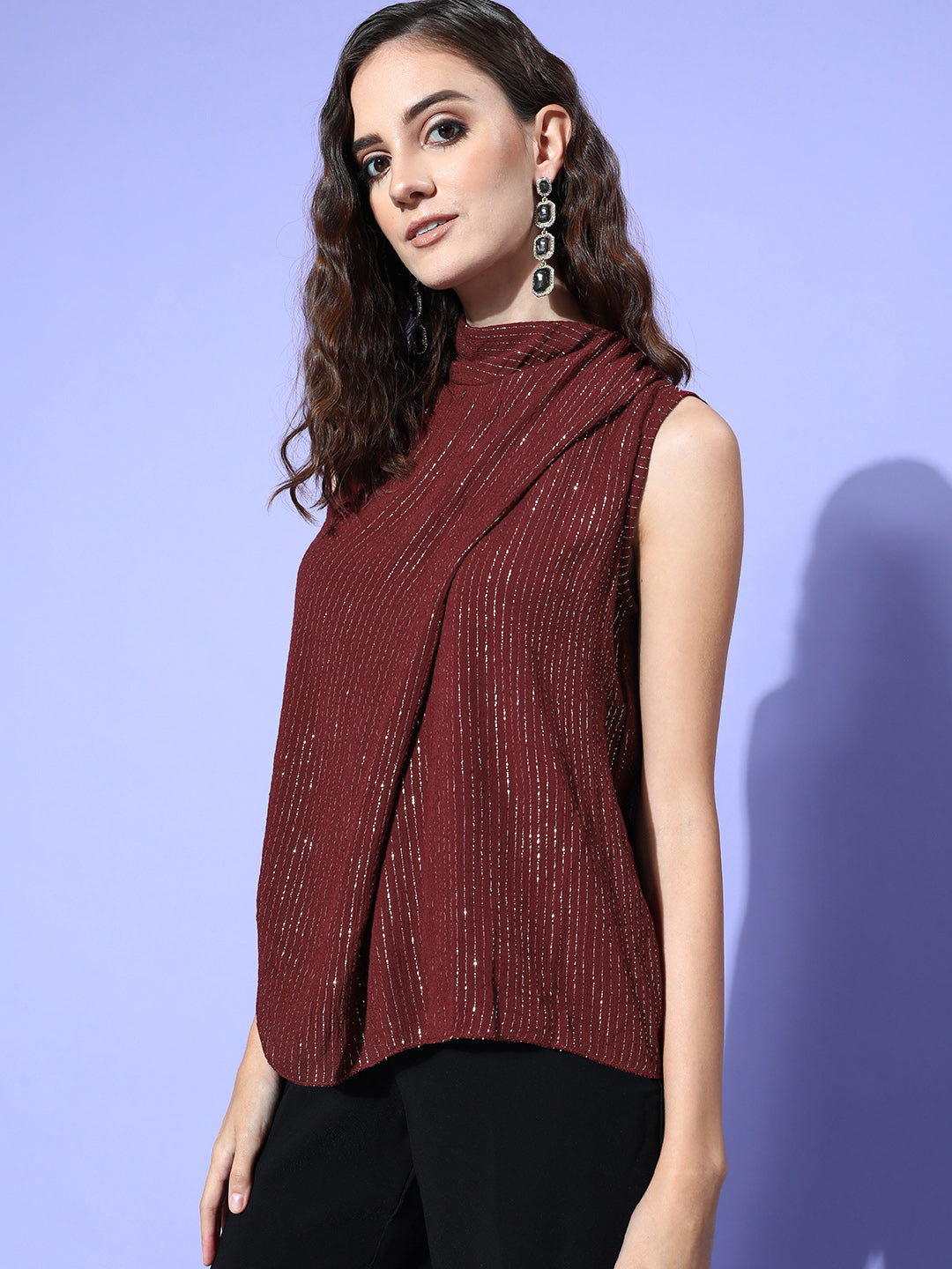 InWeave Women's Maroon Lurex Tie Up Top - Swadesiicart