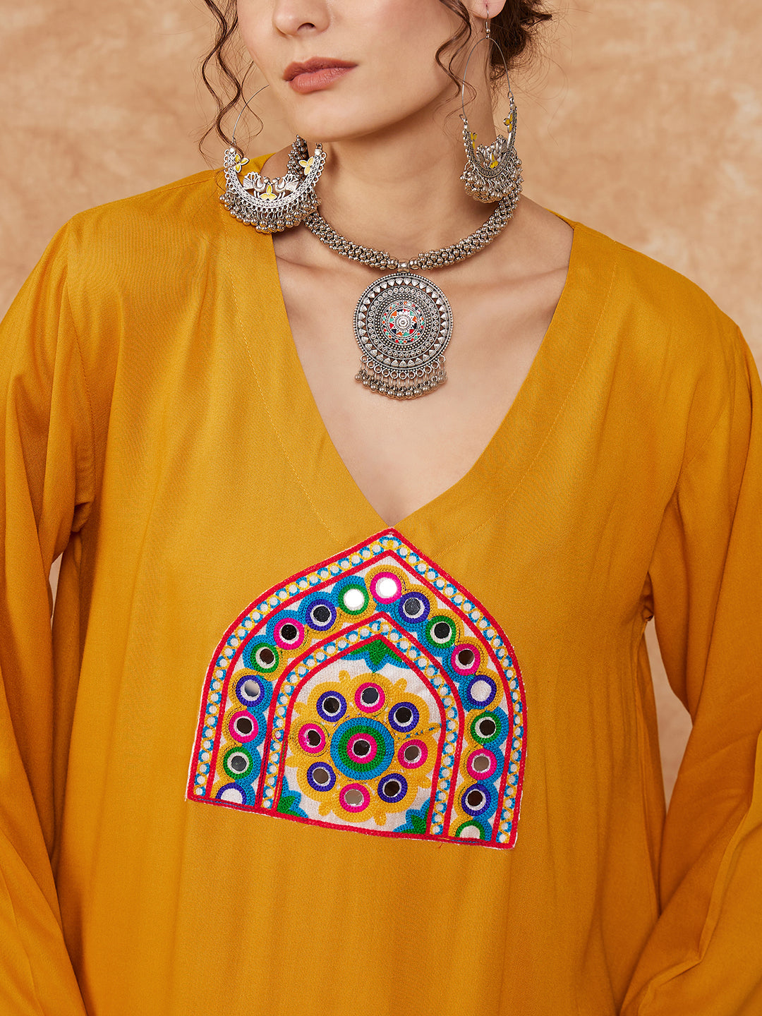InWeave Women's Mustard Trangle Yellow Patch Work Assymentrical Kurta Set - Swadesiicart