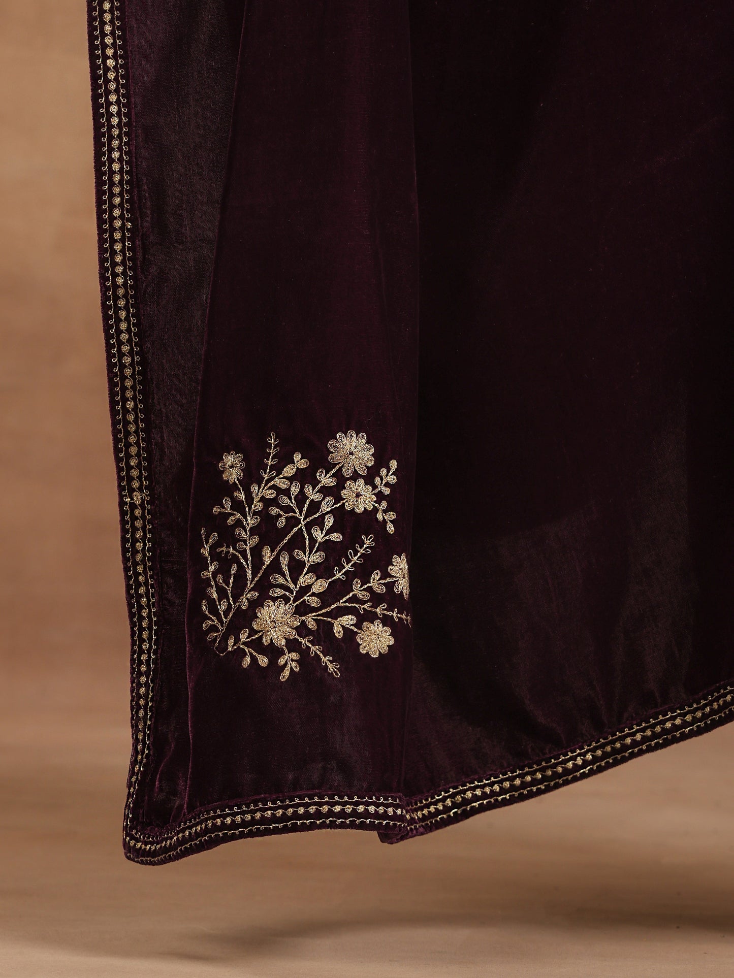 trueBrowns Wine Velvet Embroidered Shawl | Swadesiicart