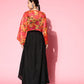 InWeave Women's Black Strappy Set With Pink Mustard Floral Short Organza Cape - Swadesiicart