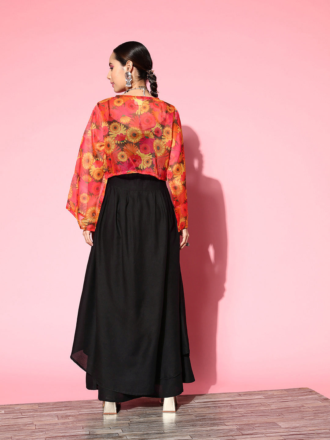 InWeave Women's Black Strappy Set With Pink Mustard Floral Short Organza Cape - Swadesiicart