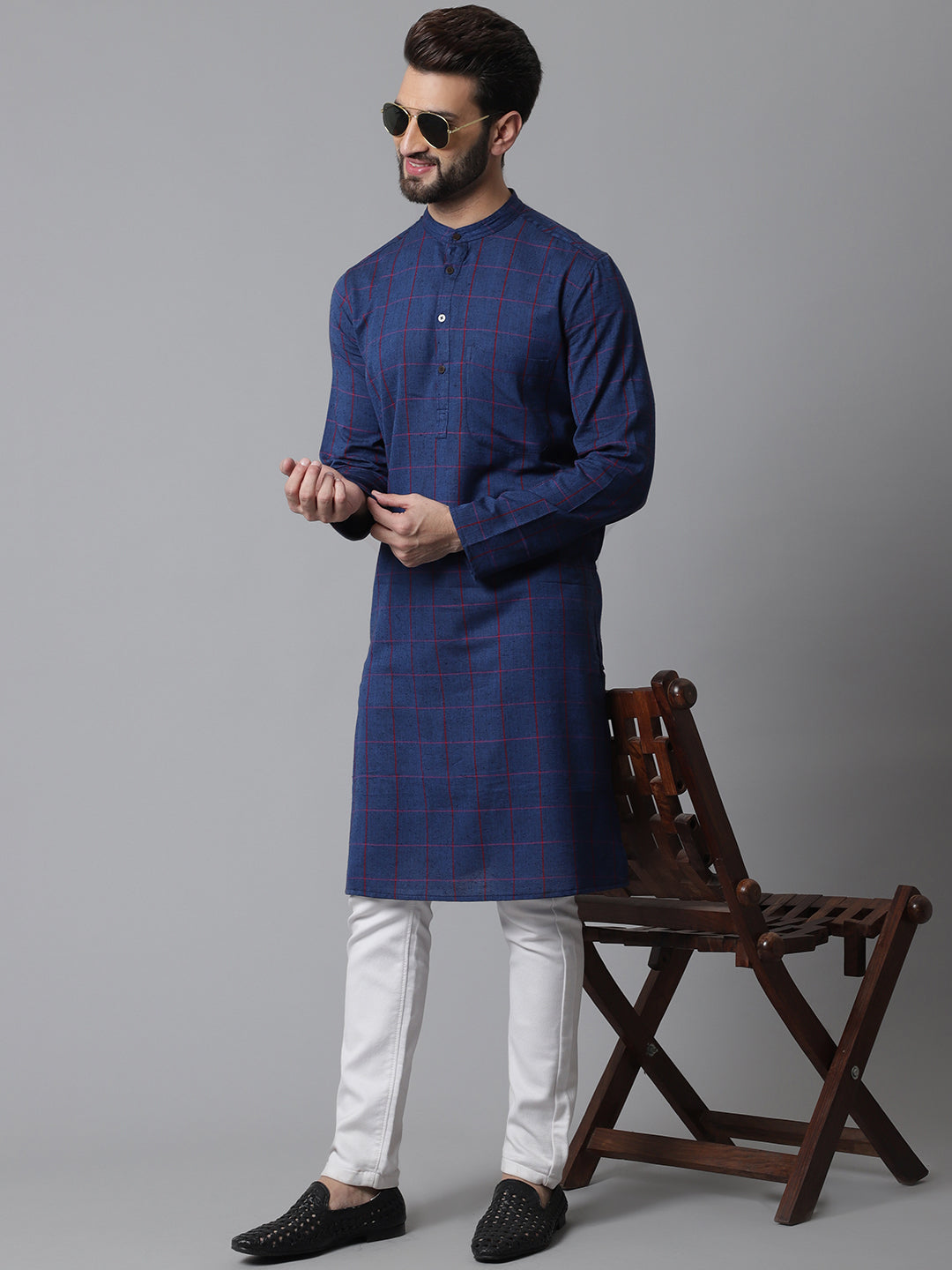 Even Apparels Blue Long Kurta With Band Collar | Swadesiicart