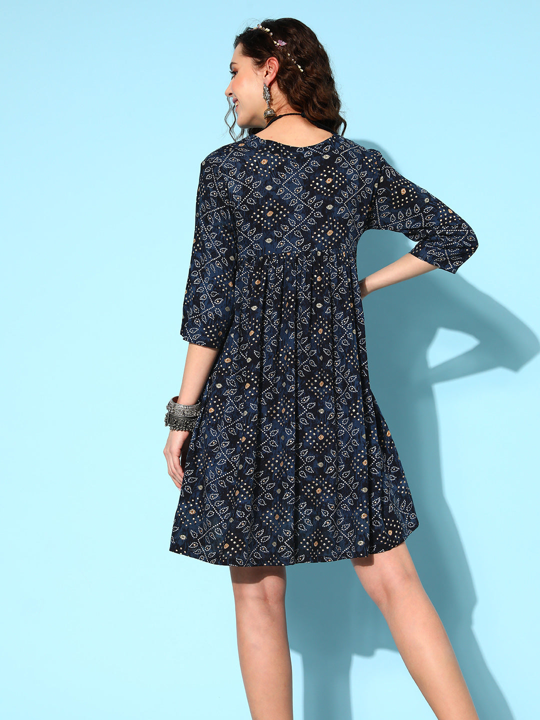 InWeave Women's Black Ethnic Motif Short Dress - Swadesiicart
