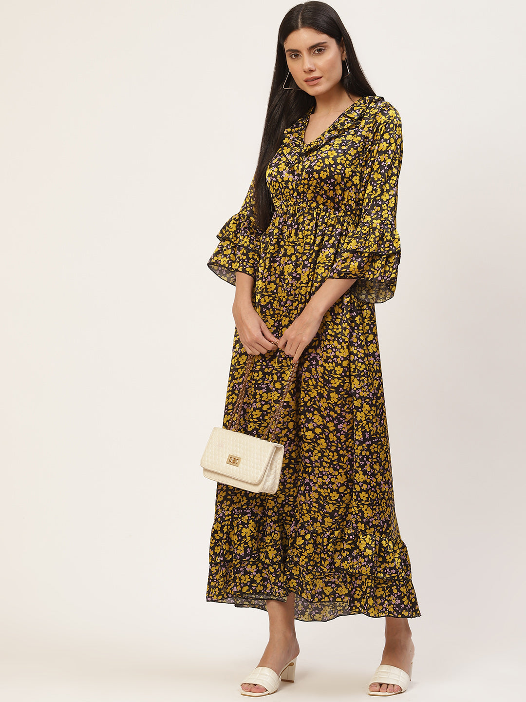 InWeave Women's Mustard Print Ruffled Dress - Swadesiicart
