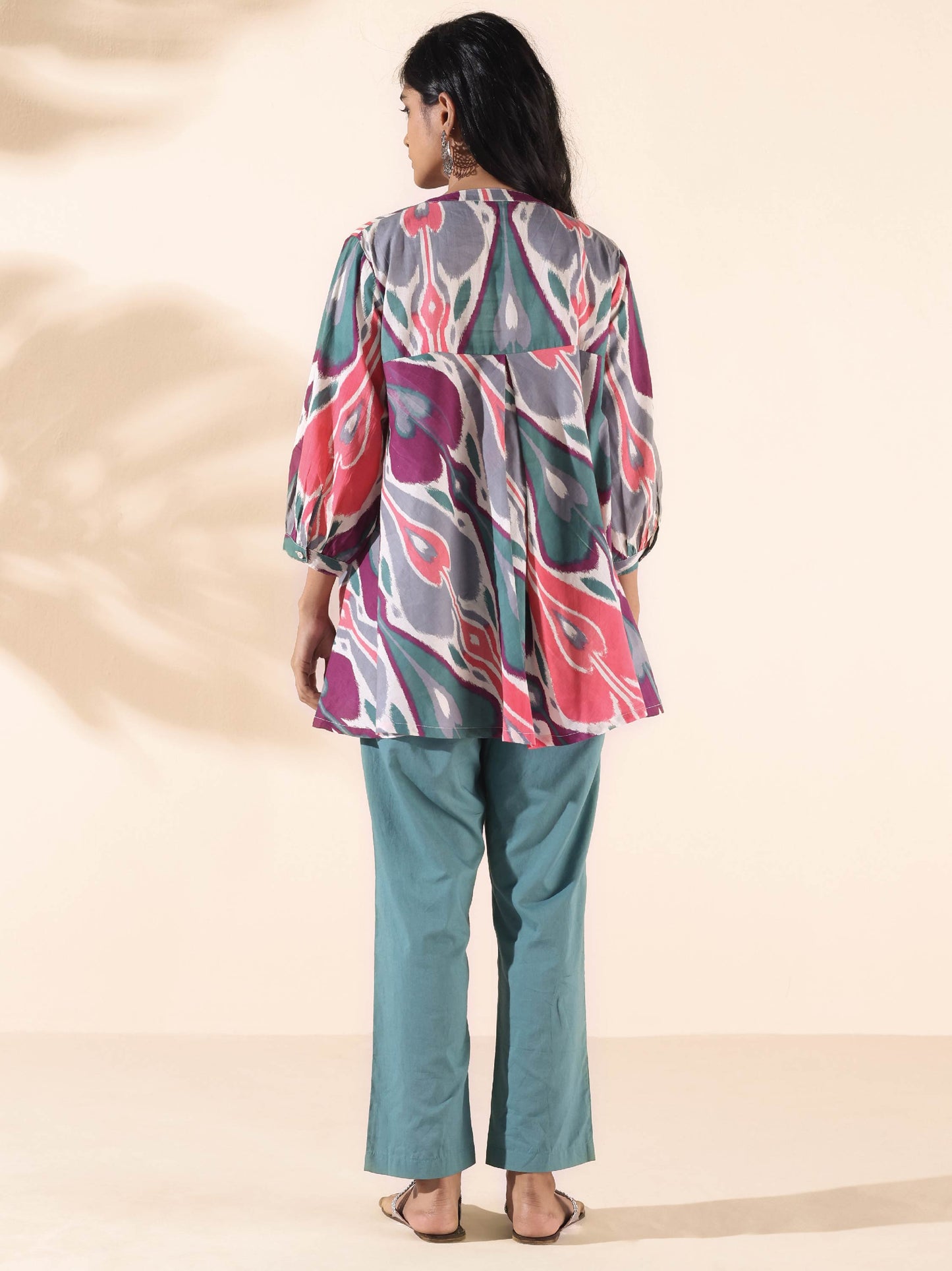 trueBrowns Green Cotton Ikat Flared Co-ord Set - Swadesiicart