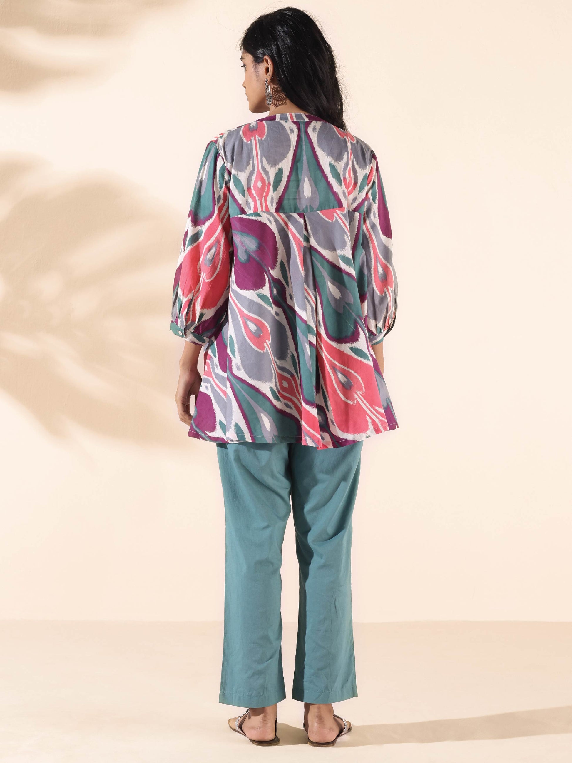 trueBrowns Green Cotton Ikat Flared Co-ord Set - Swadesiicart