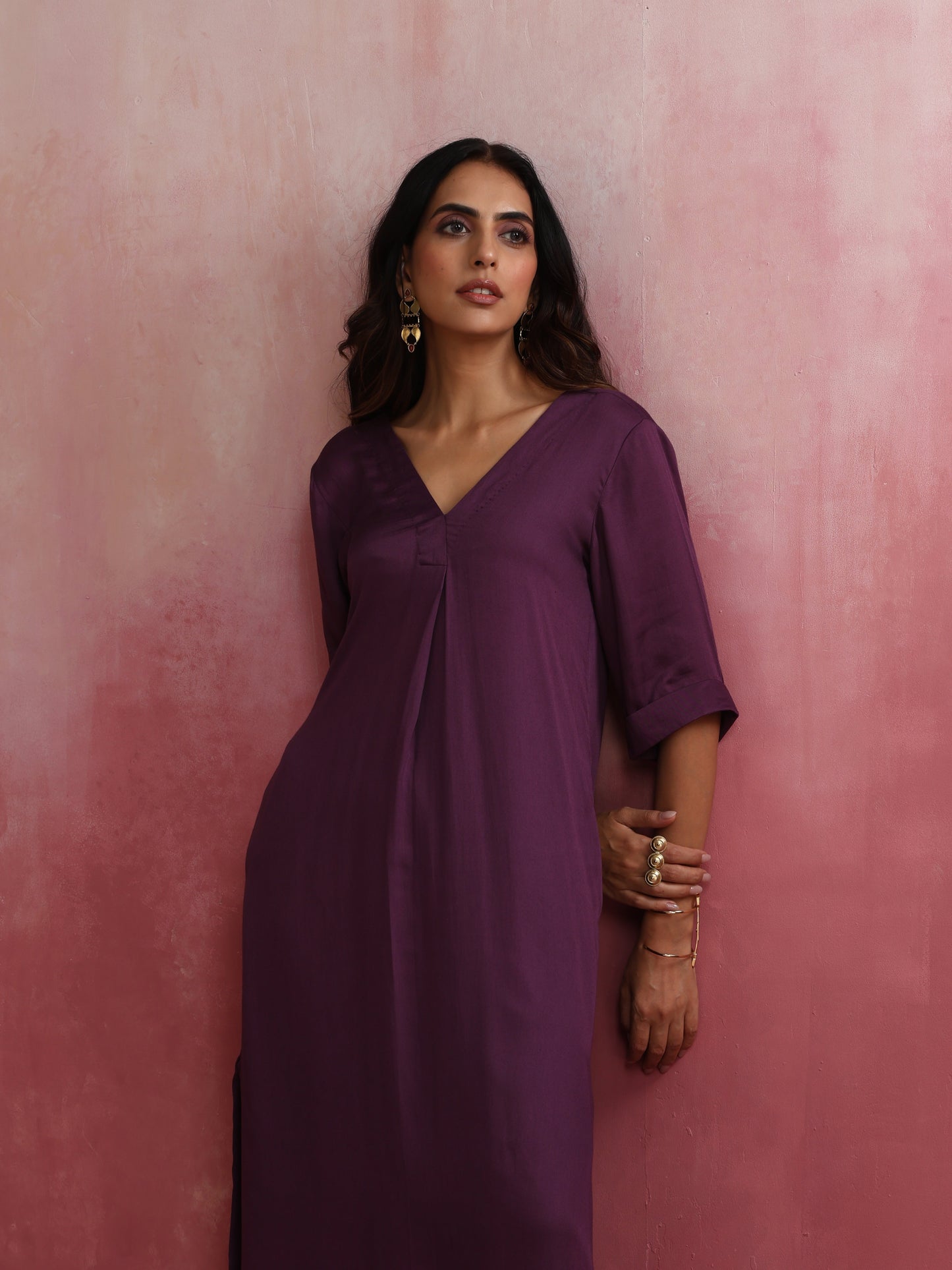 trueBrowns Purple Modal Pleated Kurta Set | Swadesiicart