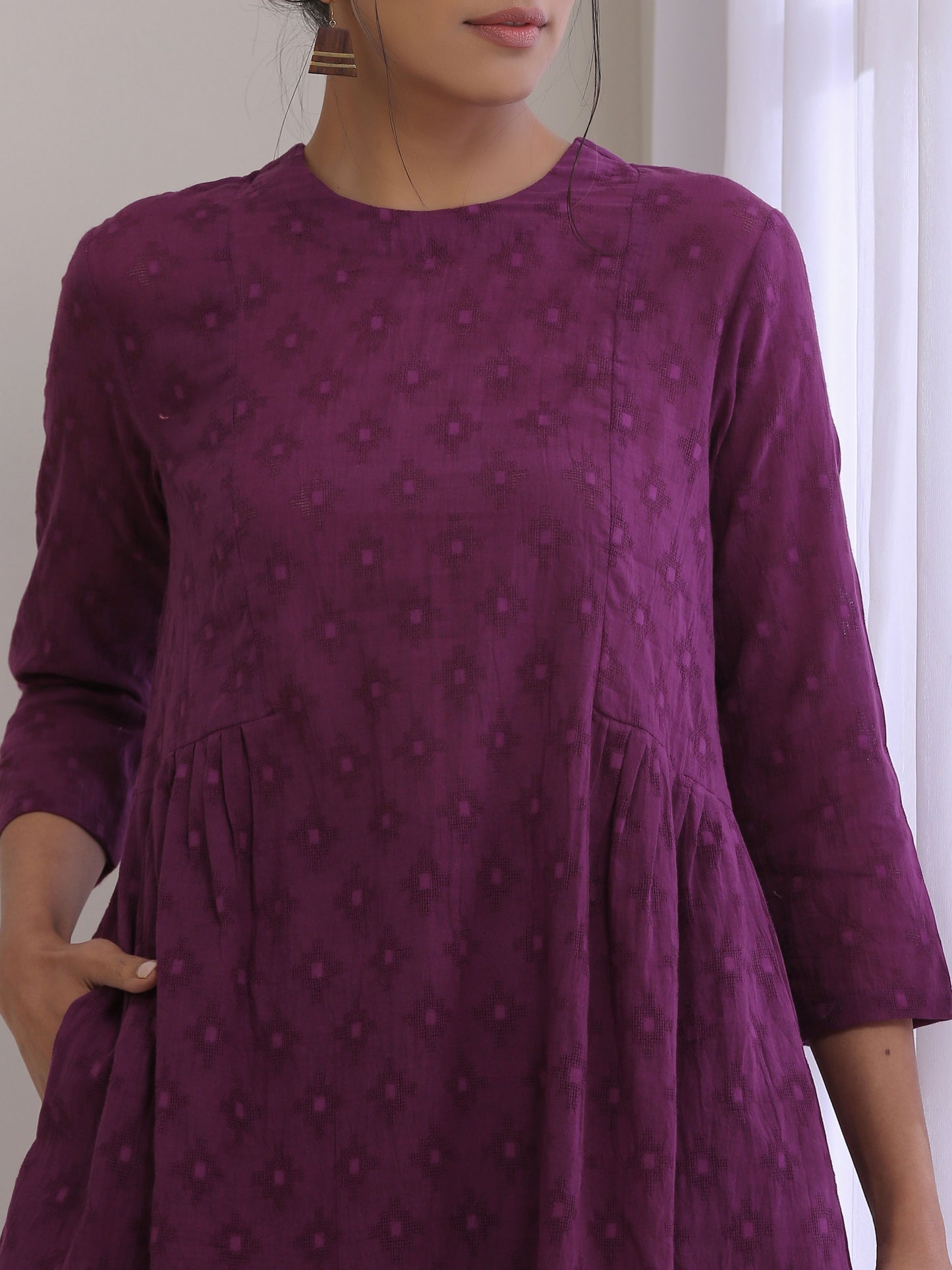 trueBrowns Plum Purple Dobby Gathers Co-Ord Set - Swadesiicart