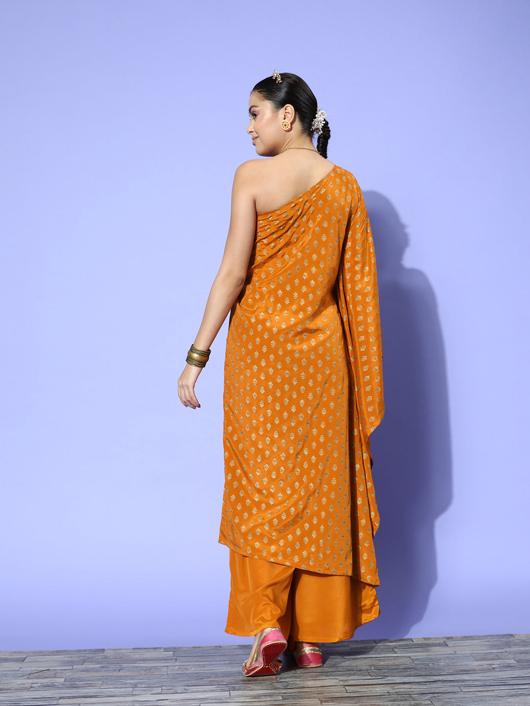 InWeave Women's Mustard Gold Print One Shoulder Kurta Set - Swadesiicart
