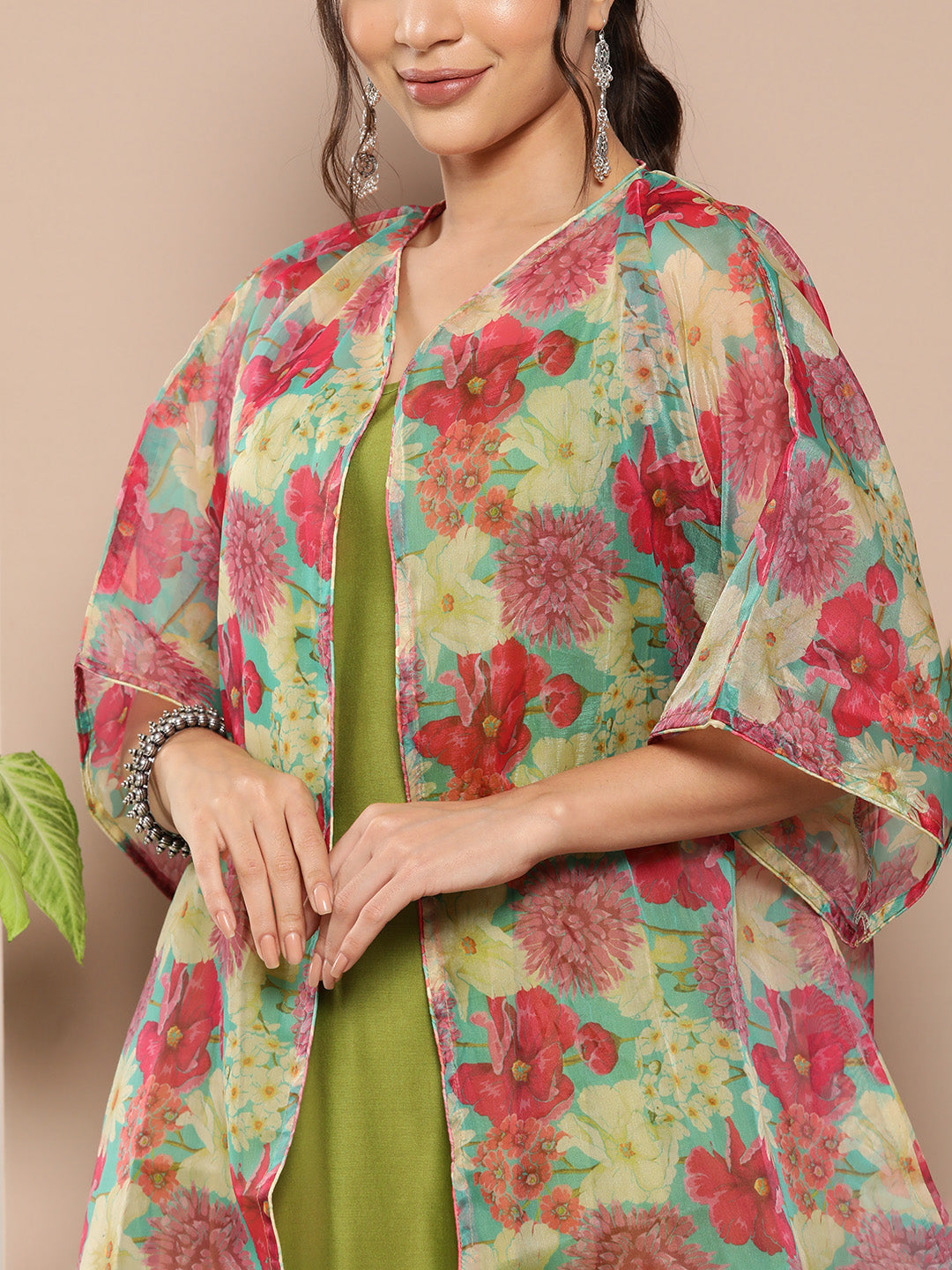 InWeave Women's Olive Green Strappy Set With Pink Green Floral Cape - Swadesiicart